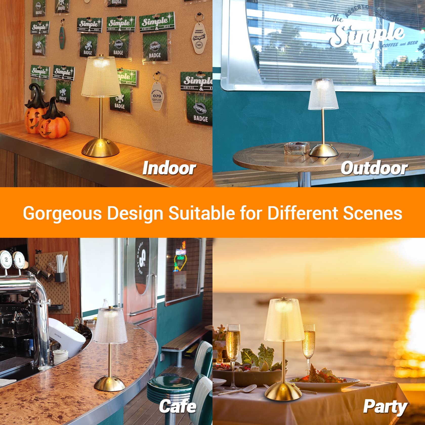 Amingulry Cordless Table Lamp, Rechargeable LED Touch Lamp, 3 Color Modes, Stepless Dimming, Gold Retro, Small Size