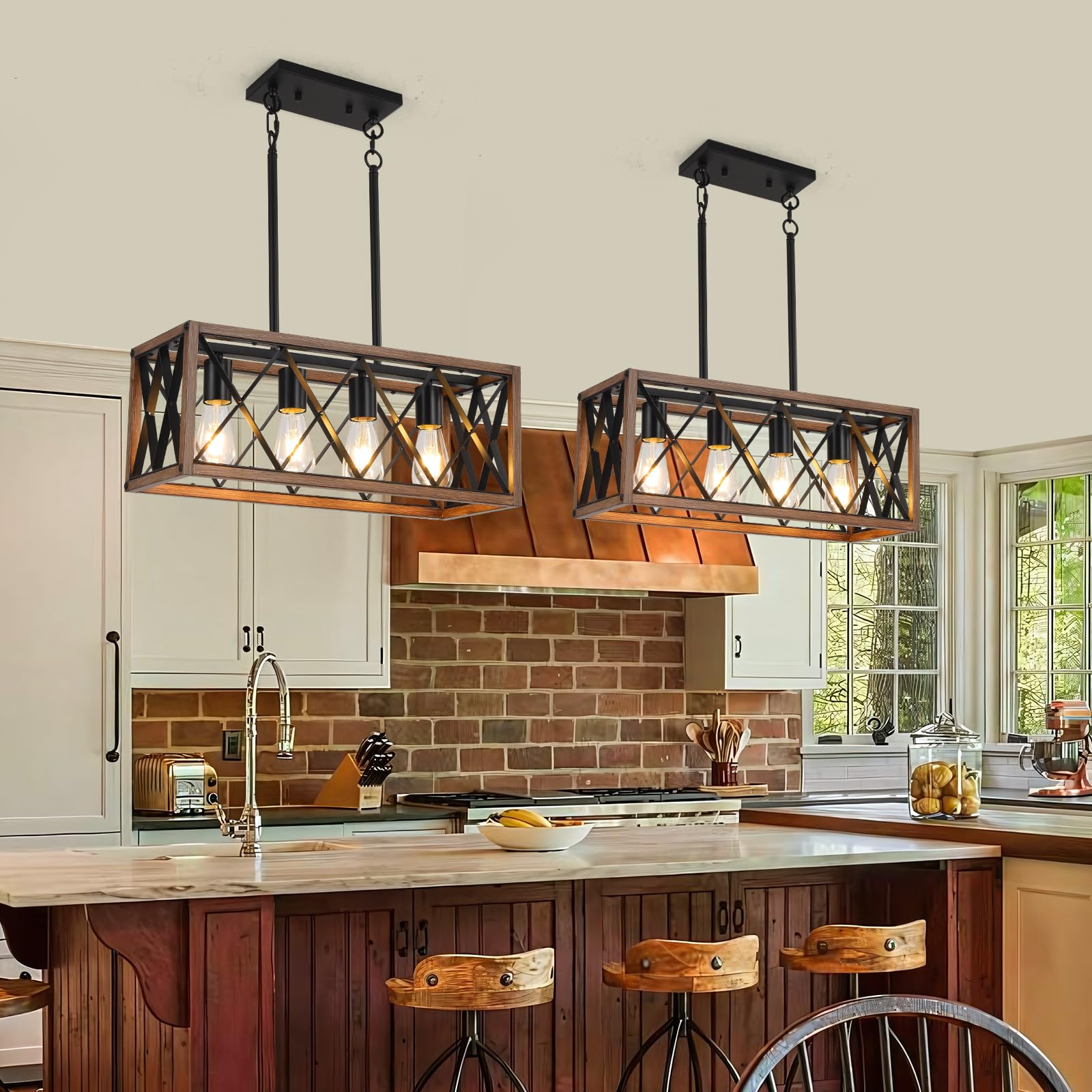KEESFU 4-Light Rustic Linear Chandelier, Adjustable Height Metal Pendant Light, Wood Grain Finish for Kitchen & Dining Room