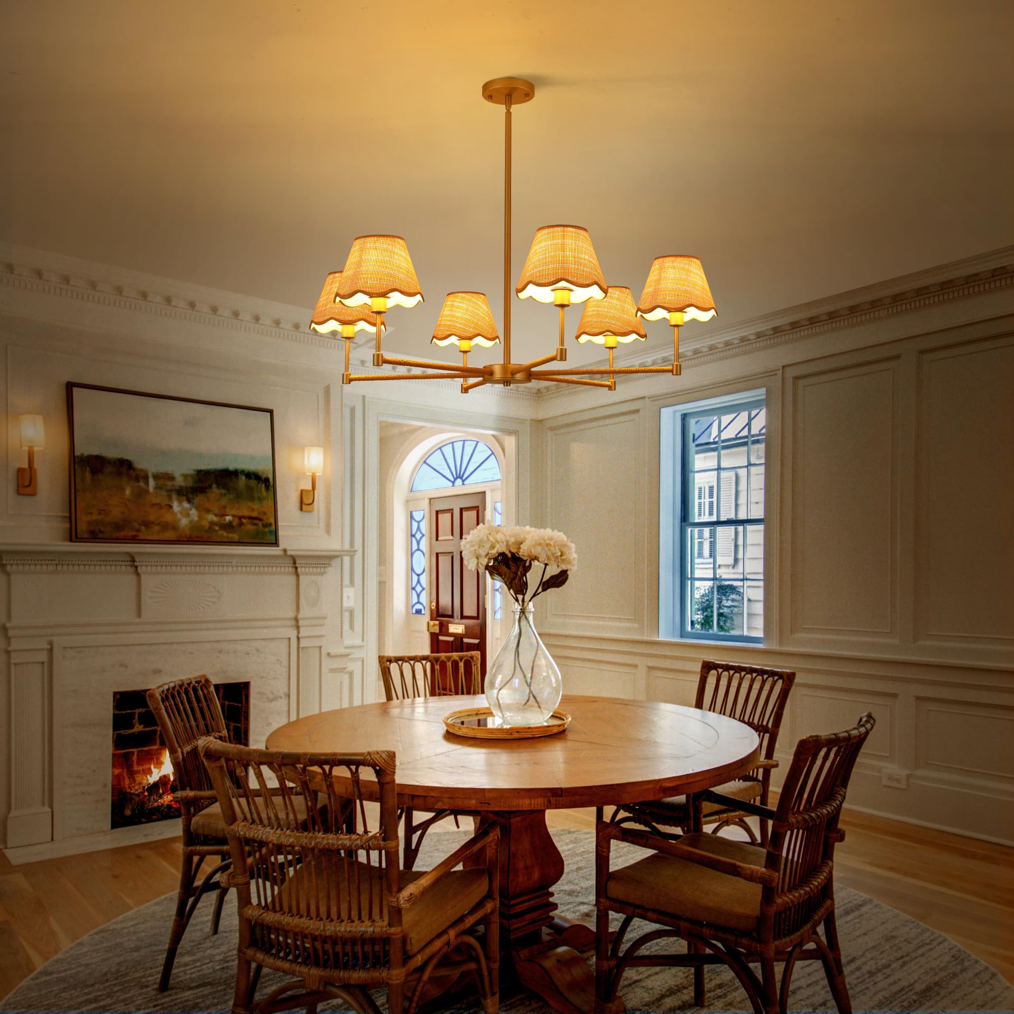 Zxfdwb Farmhouse Rattan Chandelier Light Fixture  6-Light Boho Chandeliers For Dining Room  Adjustable Rustic Pendant Light Large Modern Gold Hanging Lighting For Kitchen Island  Living Room