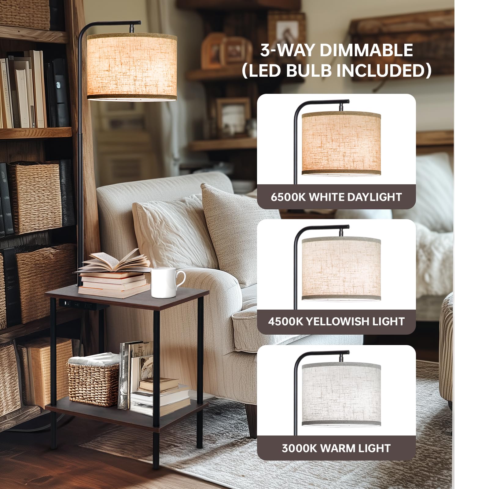 Eoeyyoyb Floor Lamp With Table, End Table Lamp With Usb Charging Port Power Outlet And Shelves, Side Table Reading Light With 3