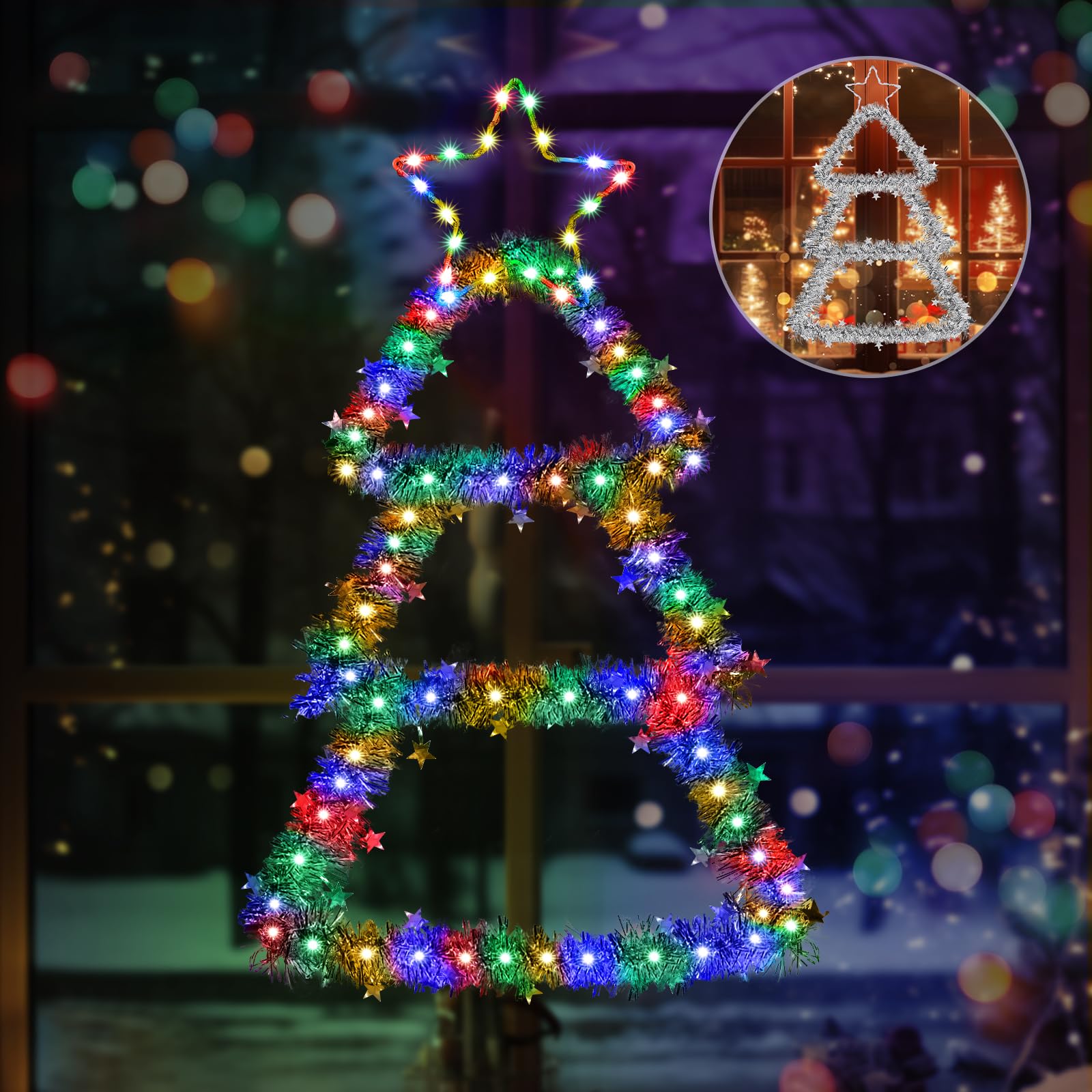 Elktry LED Christmas Decorations Lights, 2.2ft Multicolor and Warm White Lighted Christmas Tree with Silver Tinsel, Battery Operated Hanging Lights for Indoor Outdoor, Window Wall Door Home Decor