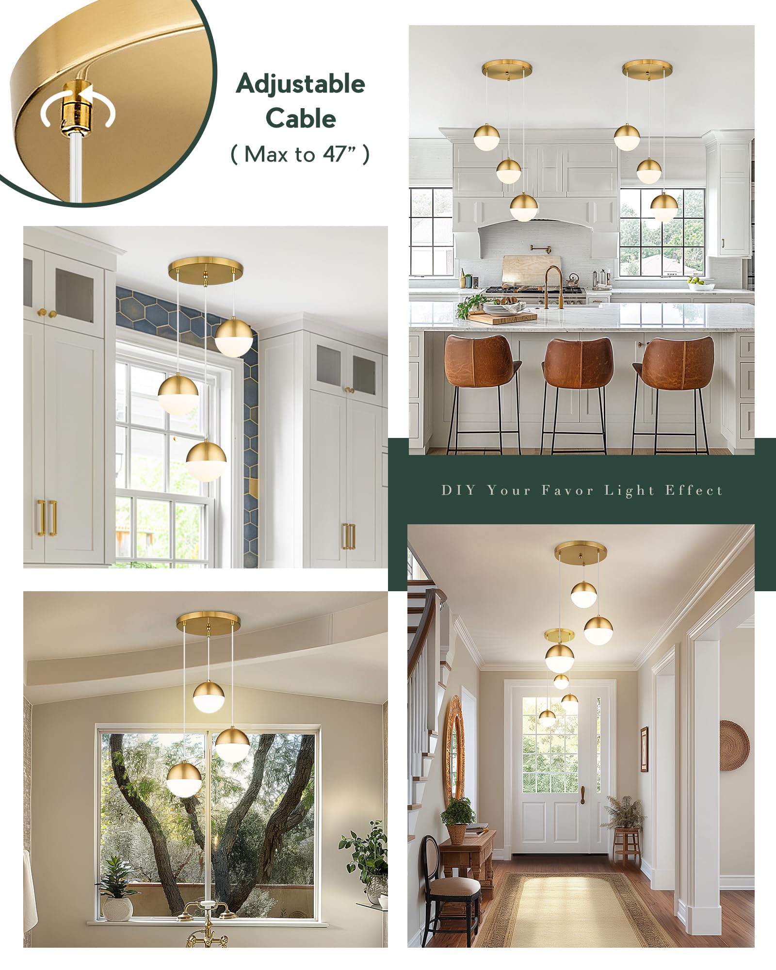 Lms Brushed Gold 3-Light Cluster Pendant Lights, Modern Kitchen Island Lighting With White Globe Glass Shade, Adjustable Hanging