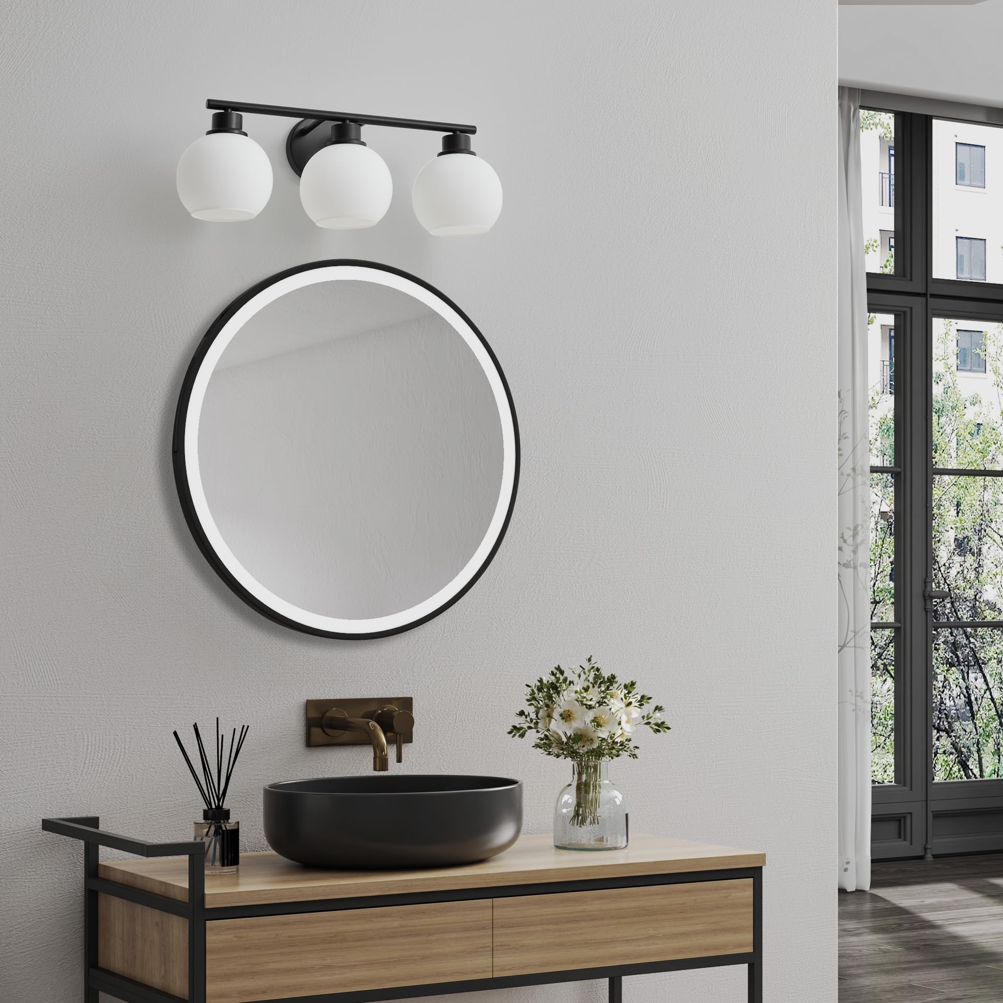 Lanmate Bathroom Vanity Light Fixture, 3-Light Over Mirror, Milk White Glass Shade, 21.65 inch, Matte Black, Mid Century Sconce