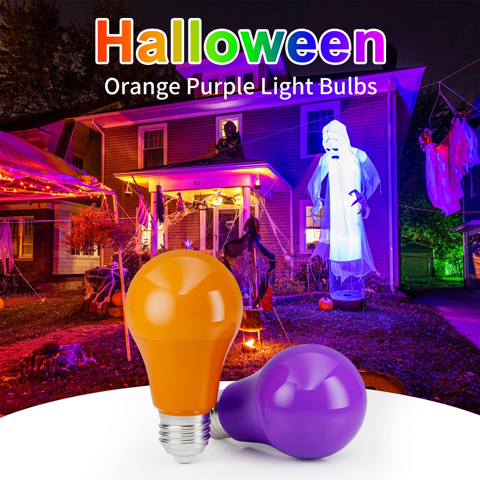 Orange And Purple Light Bulbs Outdoor, Halloween Light Bulbs, A19 Led Orange Light Bulbs 9W (60W Equivalent), E26 Base Purple Led Light Bulb For Porch Light Colored Christmas Party Home Decor, 4 Pack