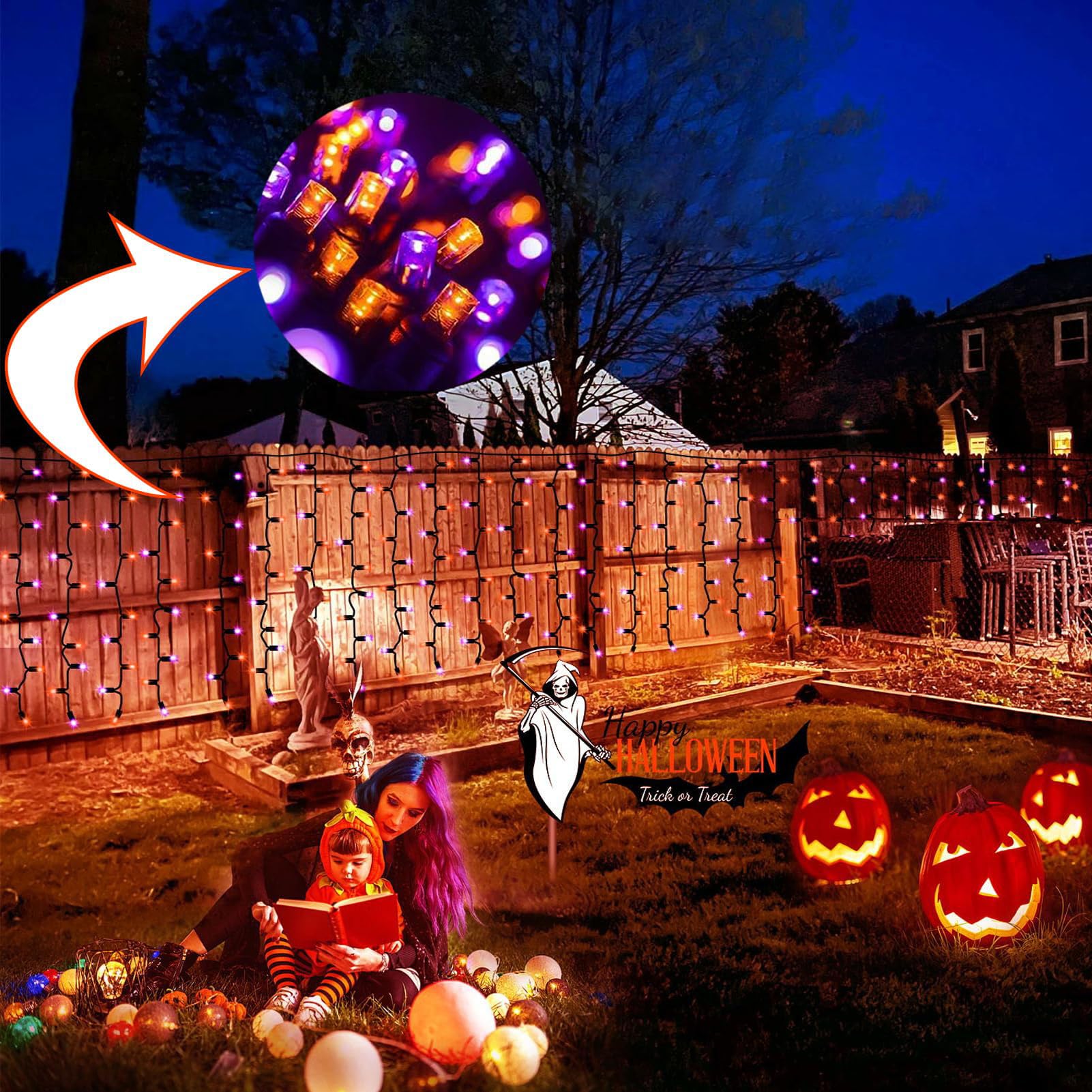 Dbfairy Purple Orange Solar Halloween Curtain Lights 300 Led 19.6Ft X 3.3Ft Waterproof 8 Modes For Outdoor Decoration