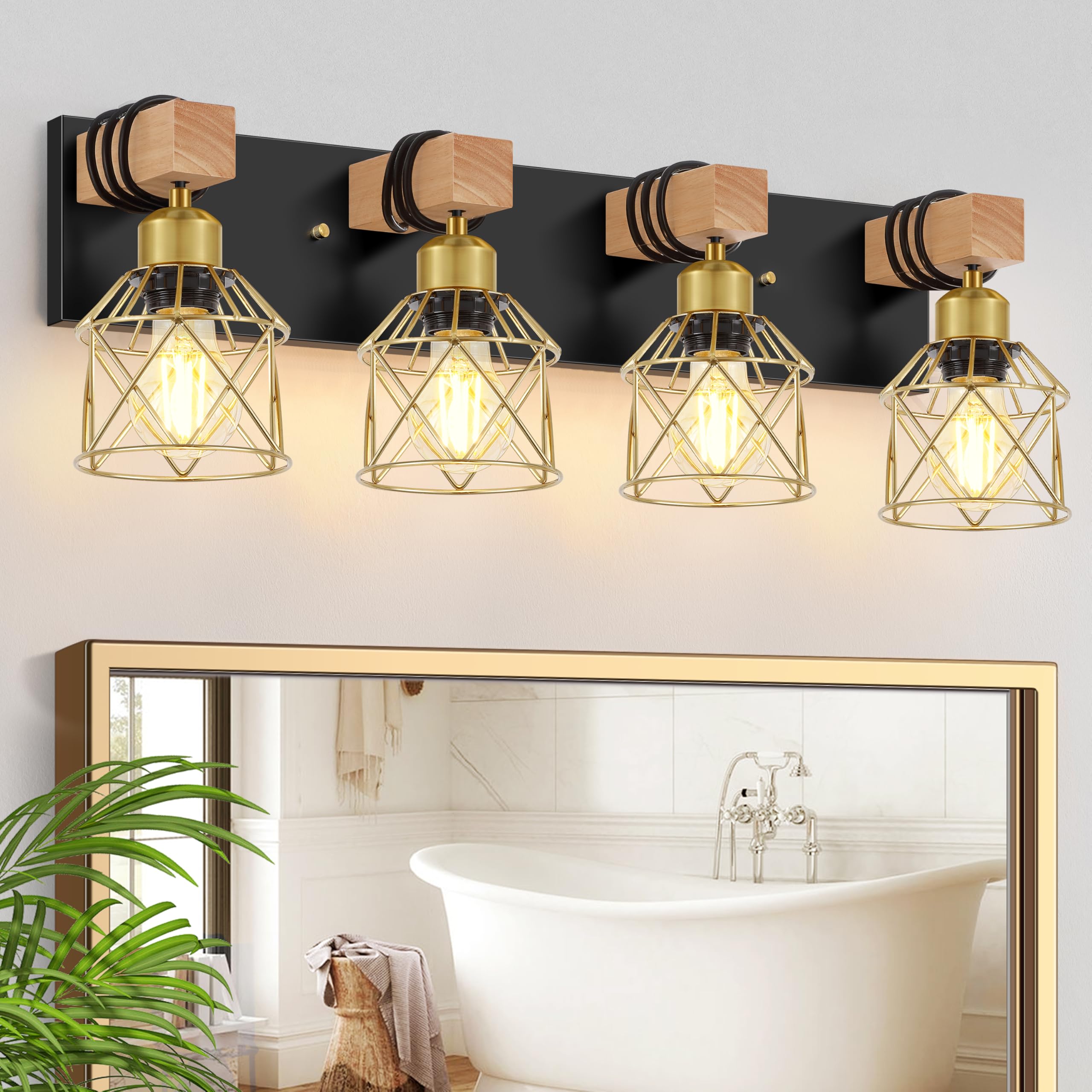 FadimiKoo Farmhouse Bathroom Vanity Light Fixtures  4-Light Wood Bathroom Lighting Over Mirror  Rustic Black Gold Sconces Wall Lighting with Metal Lampshade for Living Room  Bedroom  Hallway