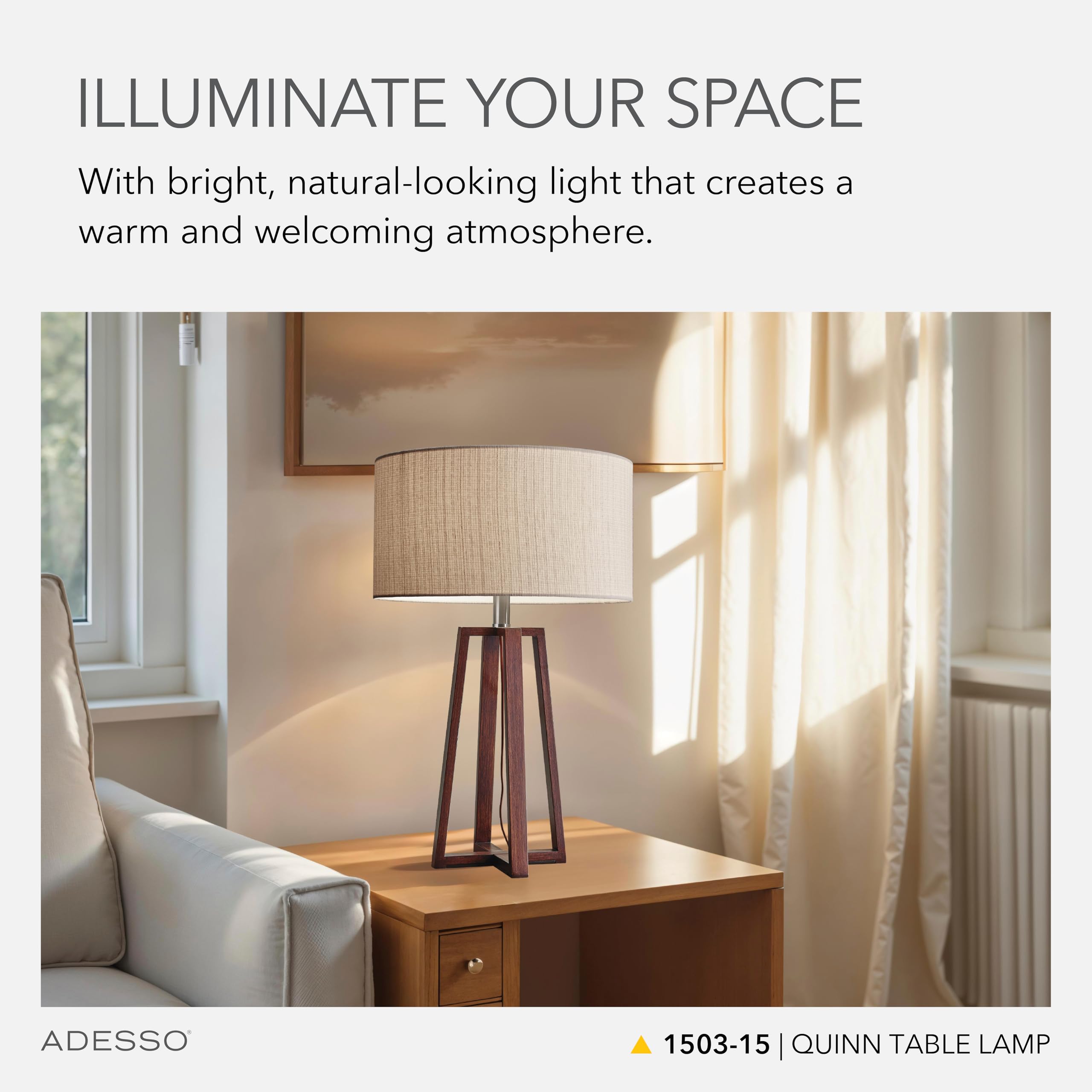 Adesso Quinn Table Lamp - Walnut Birch Wood & Natural Linen Shade - Perfect Nightstand, End Table, And Desk Lamp