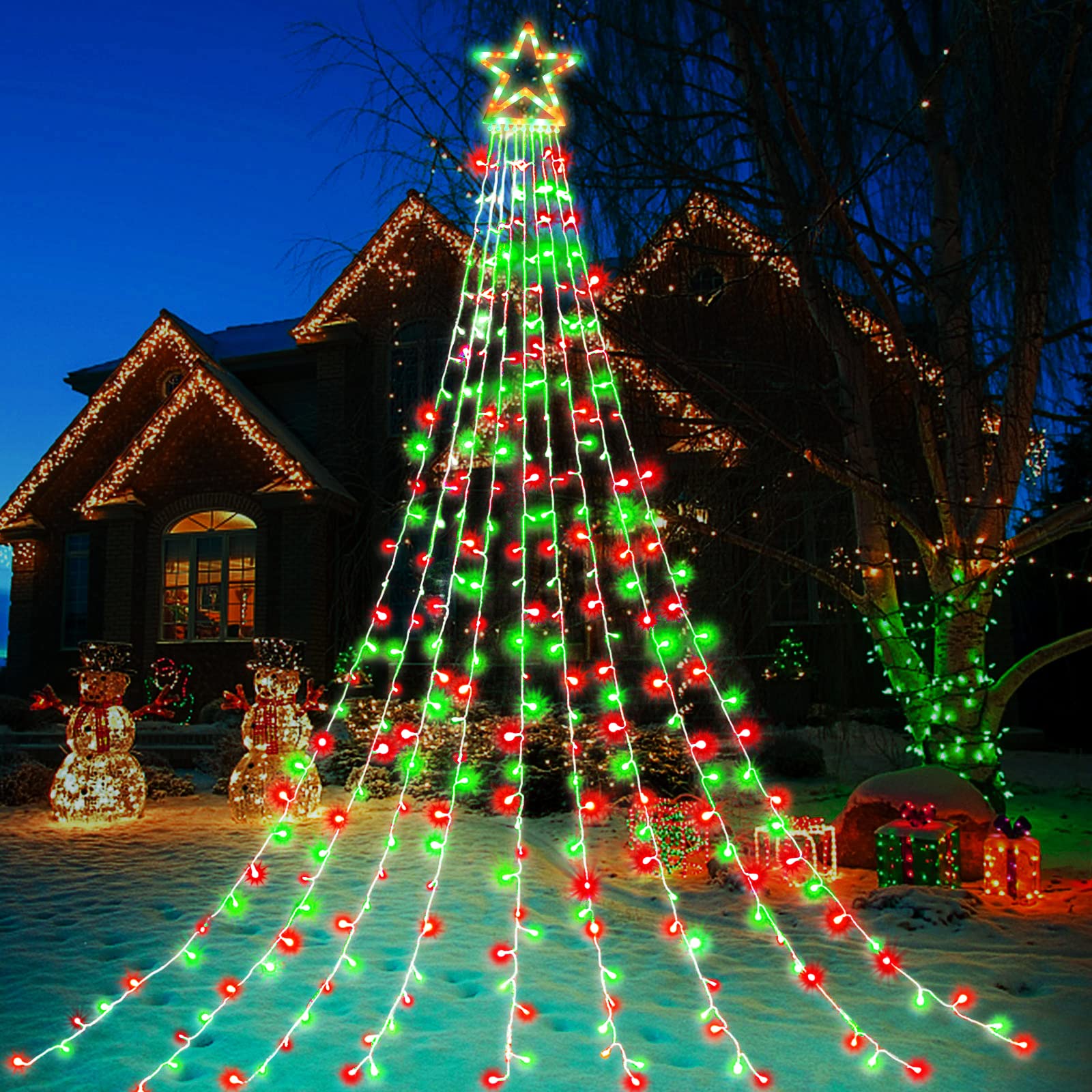 Funiao Christmas Decoration Lights, 320 Led Star String Lights Tree Topper Lights With 12&quot; Star For Yard, Garden, New Year, Wedding, Party - Red&Green