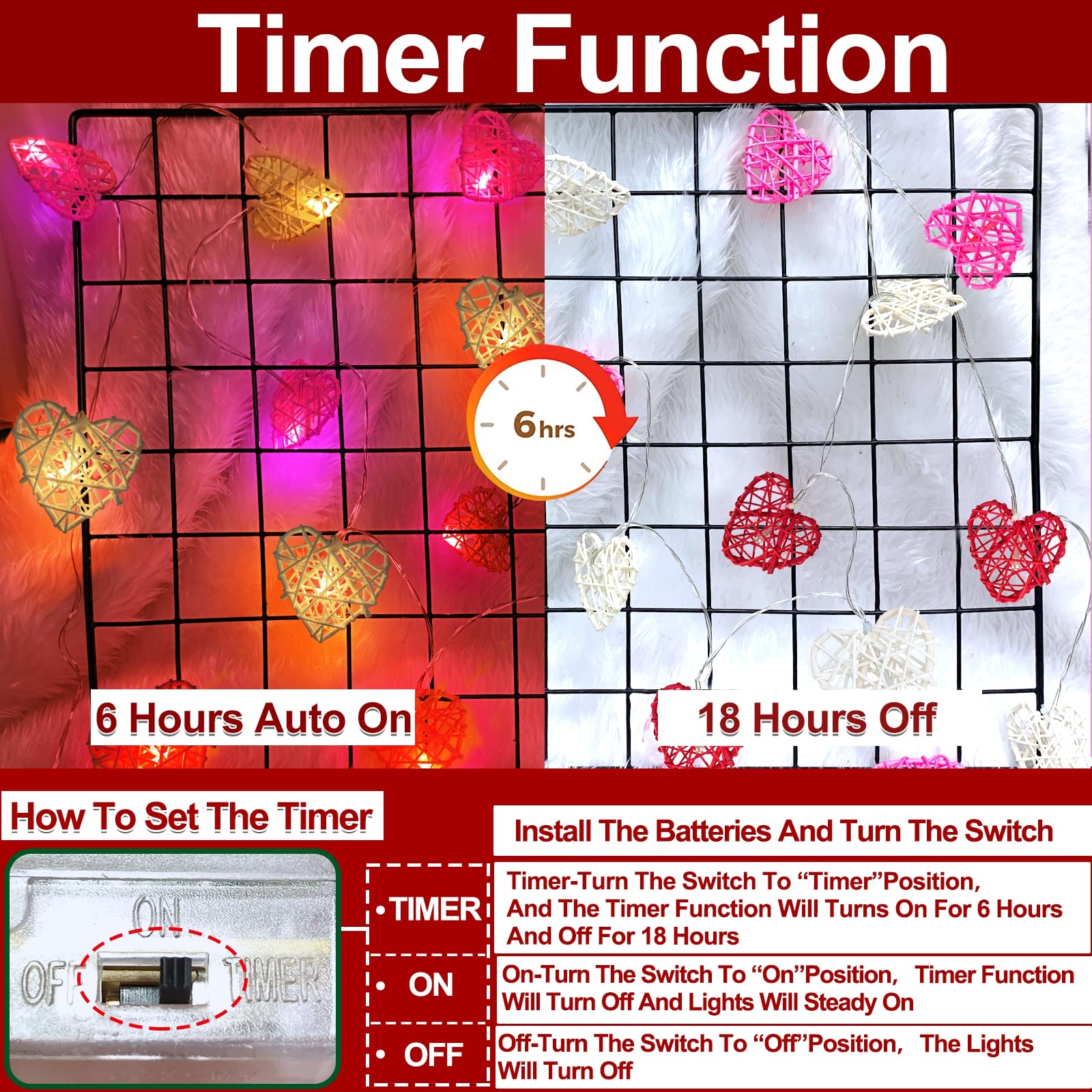 [Timer&Tricolor] Valentines Lights Valentines Day Decorations, Red Pink White Heart Lights, Battery Operated 12Led 6.5Ft 3D Hollowed Rattan Heart Garland String Lights For Indoor Bedroom Home Party