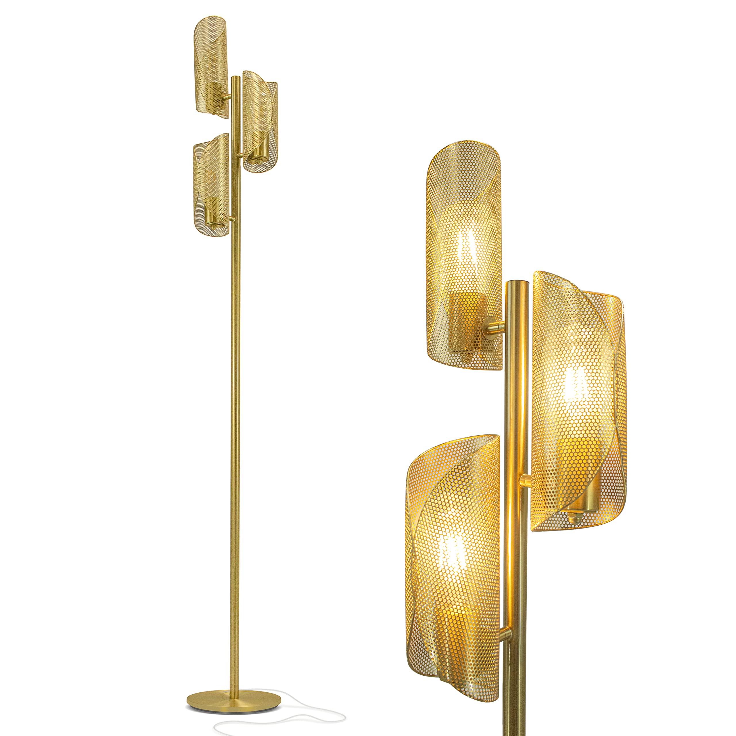 Brightech Lyra LED Tree Floor Lamp - 3 Light Heads, Metal Cage Shade, Brass Finish, Model 850012486831