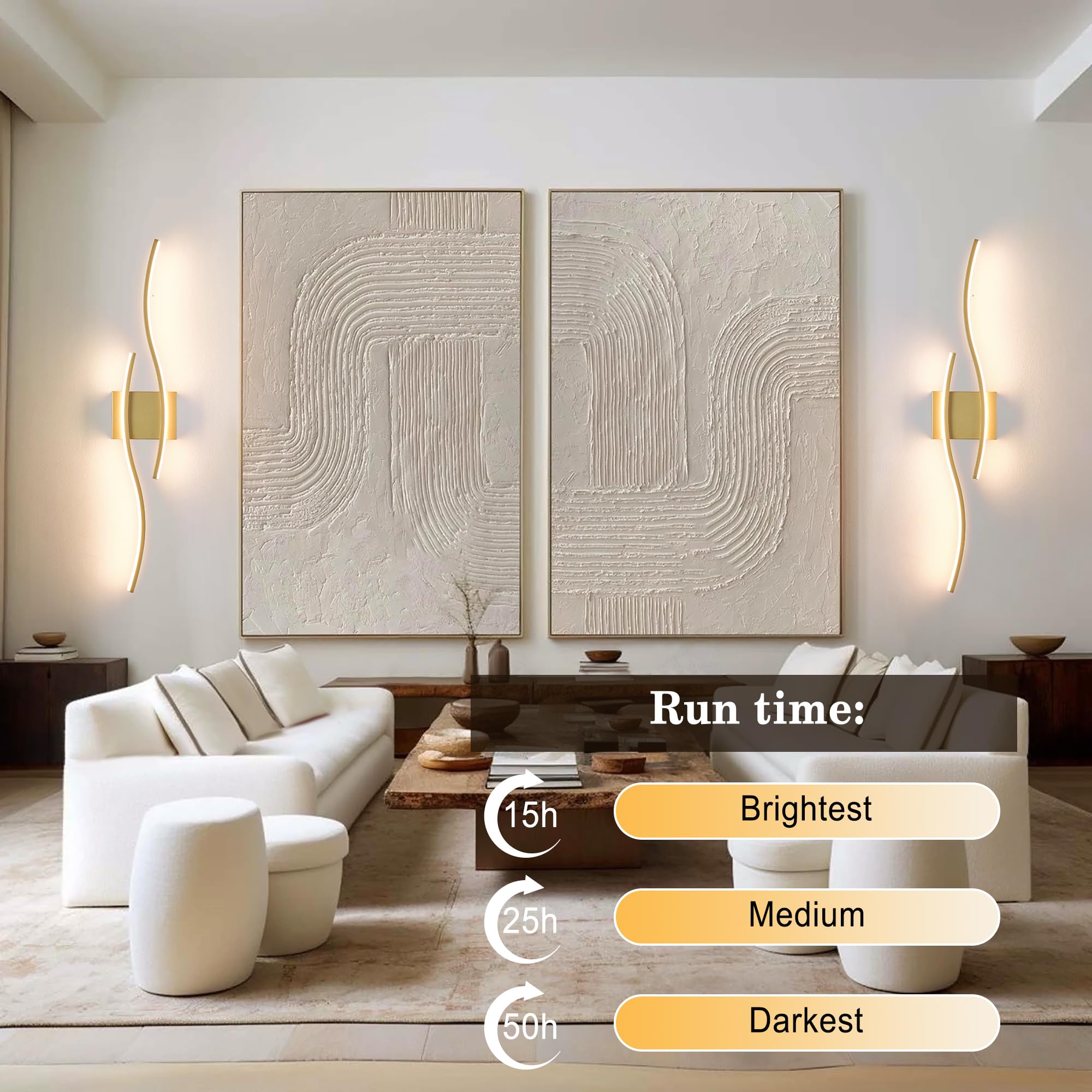 KARTOOSH Battery Operated Wall Sconces Set of Two, Dimmable LED, Gold, 27.5 Inch, Remote Control, Modern Design for Living Room, Bedroom