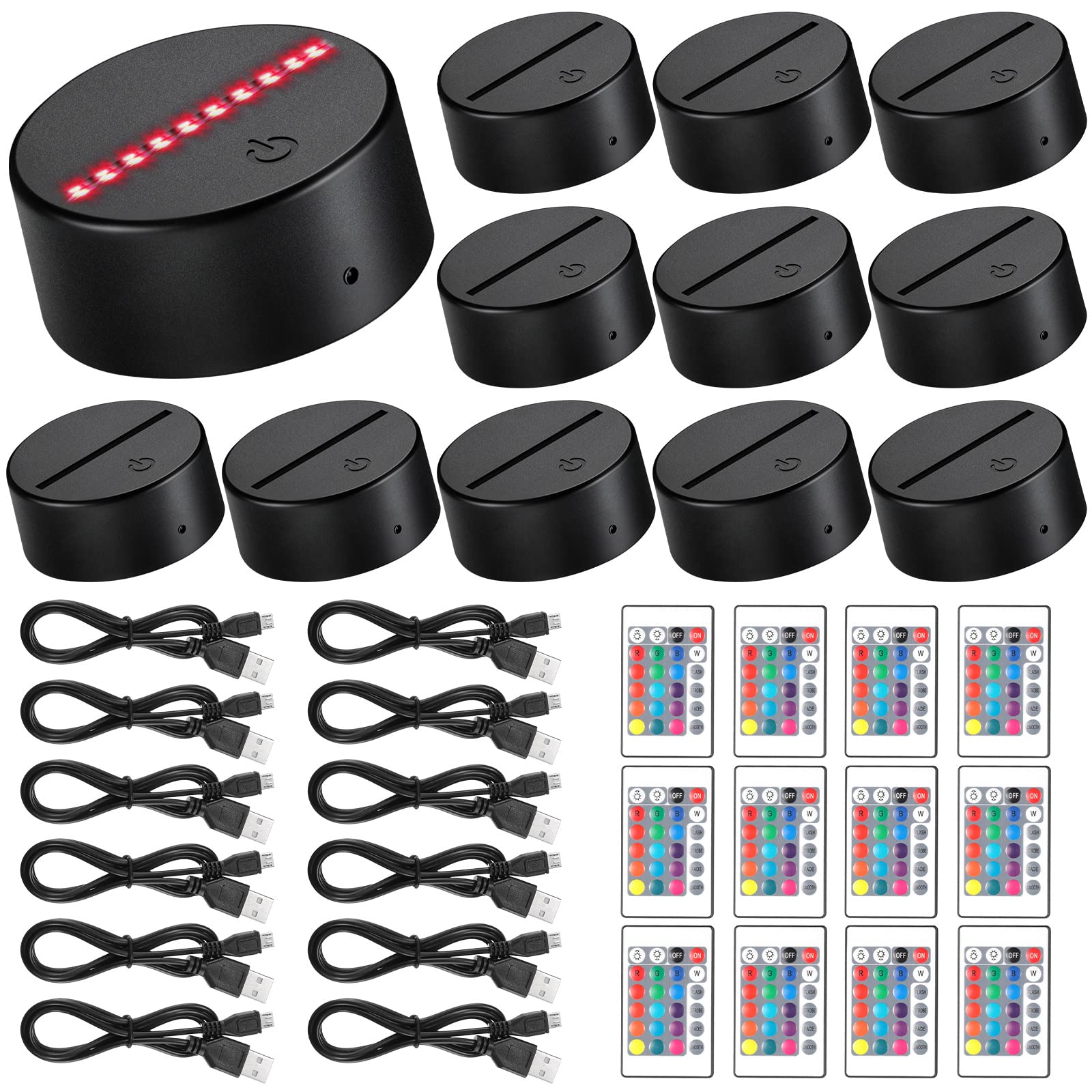 12 Sets 3D Night LED Light Lamp Base 16 Colors LED Light Display Base with Remote Control USB Cable for Acrylic and Resin Glass 