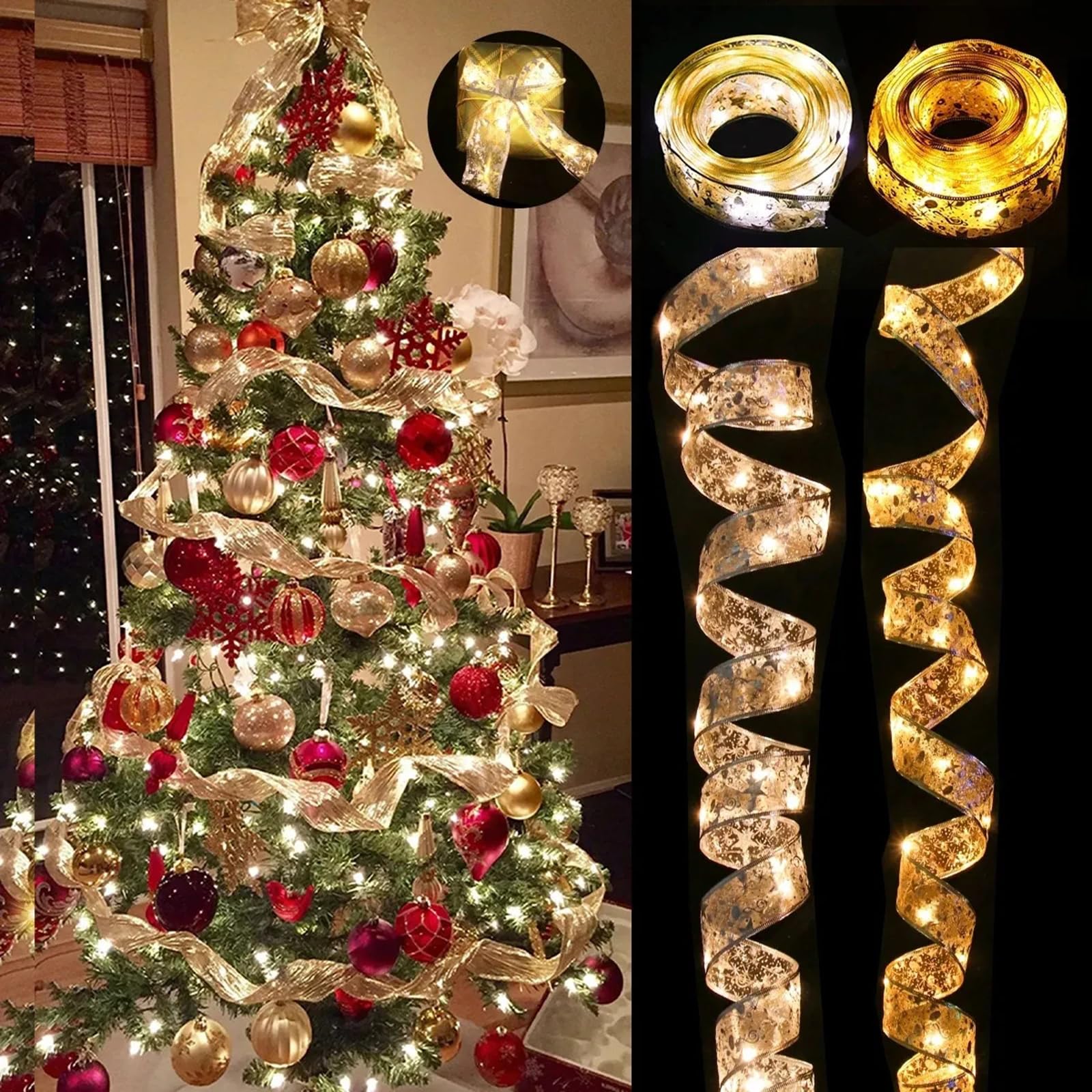 Zjhgdr Christmas Ribbon Fairy Lights  Copper Wire White String Lights Glitter Gold Ribbon Lights 2.5Inch X16.4Ft 50 Leds Battery Operated Fairy String Lights For Xmas Tree Indoor Decorations