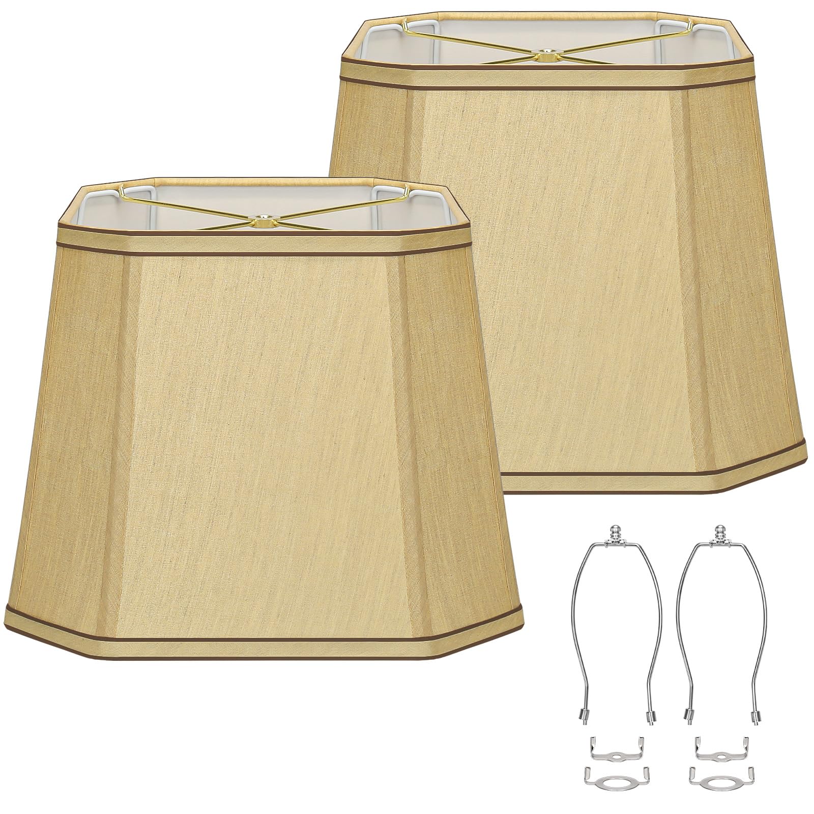 Seaside Village Rectangle Cut Corner Lamp Shades Set of 2, 10.5inx10inx13in, Gold Linen with Brown Rim, Model FXDZ-2P-Gold