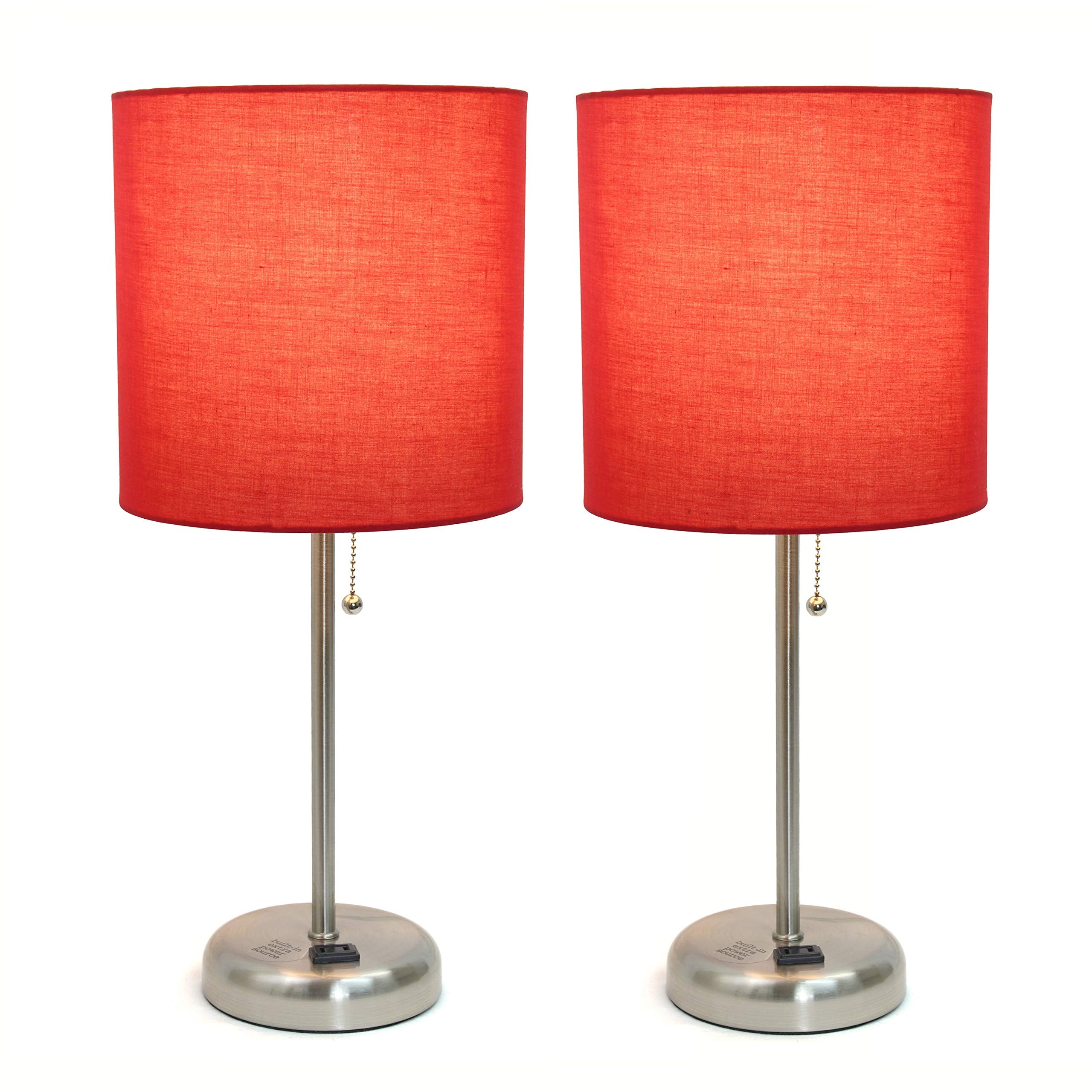 Simple Designs Lc2001-Red-2Pk Brushed Steel Stick Table Lamp Set With Charging Outlet And Red Fabric Shades, 2 Pack Set
