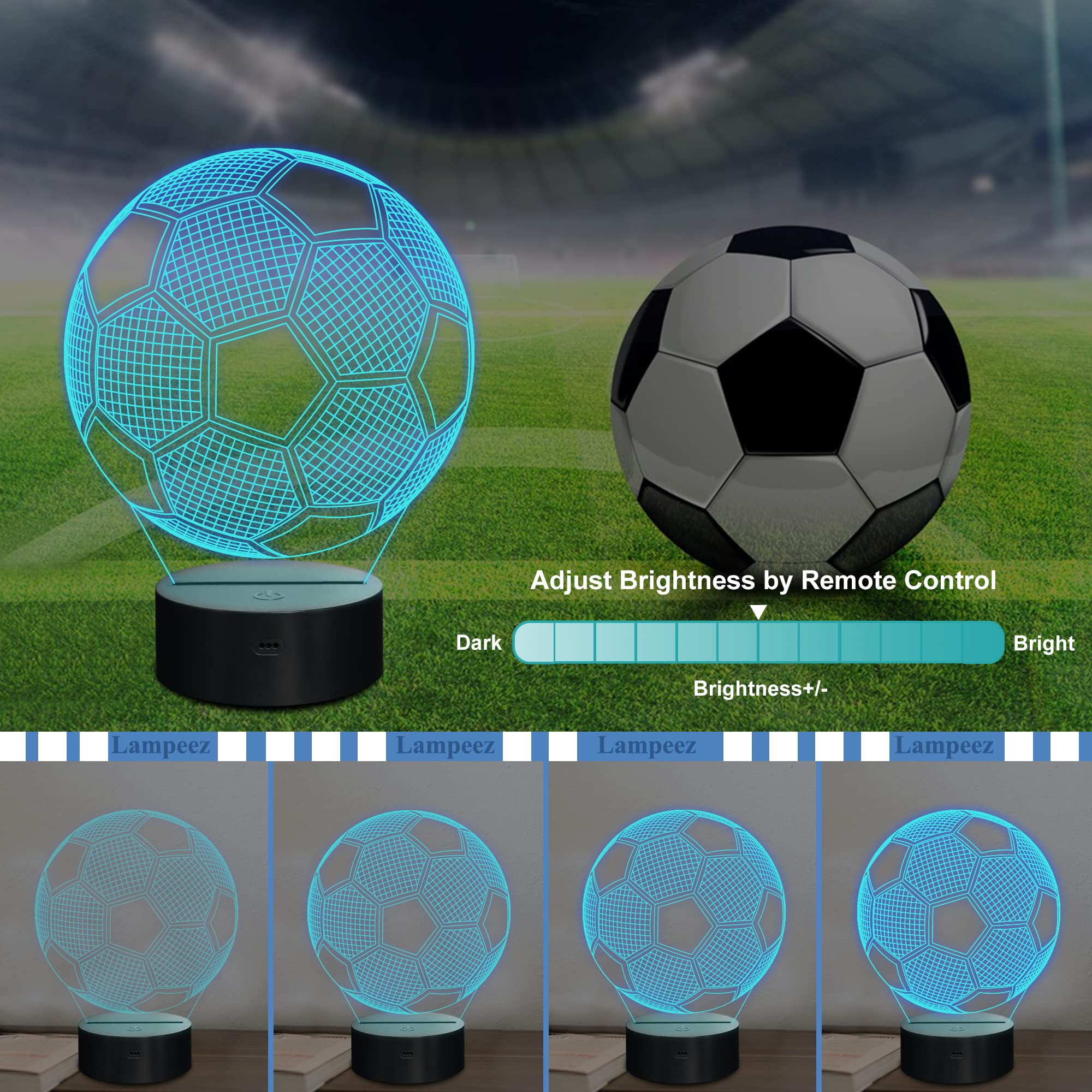 Lampeez Soccer Night Lights - 3D Illusion Football Lamps, 16 LED Color Changing, Multicolor, Model FS-2810-9999, Perfect for Kids' Decor