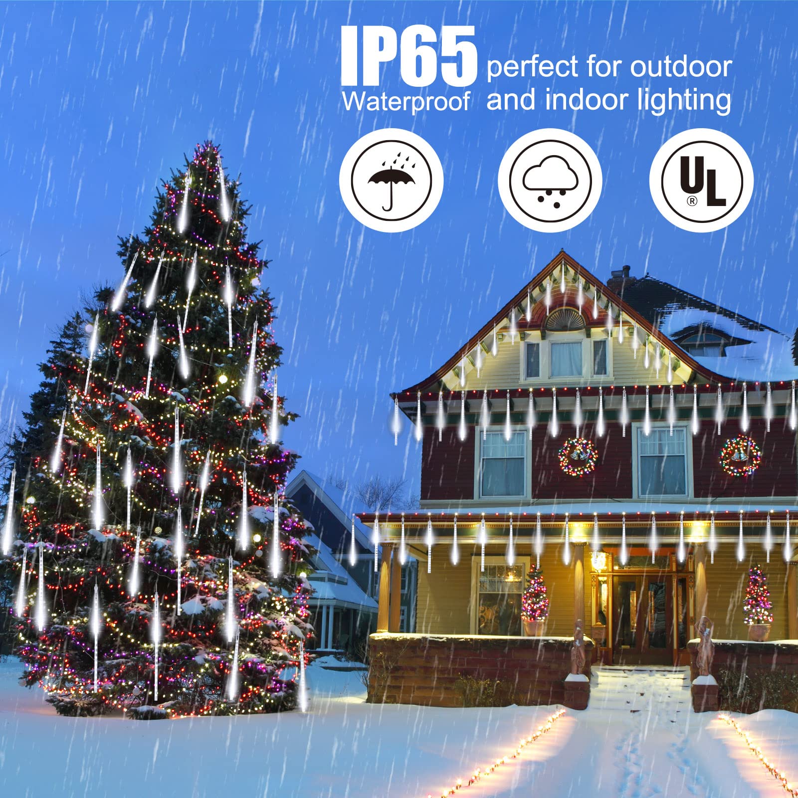 Brightown Solar Meteor Shower Lights - 576 LED, 16 Tubes, 16 Inch, Pure White - Outdoor Christmas Decorations for Trees and Bushes