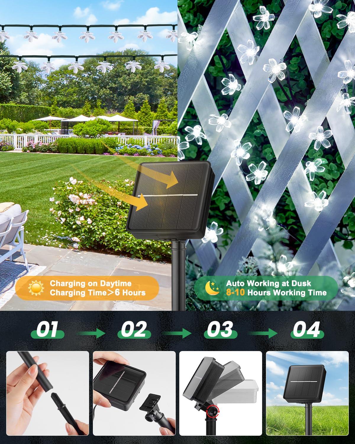 Brightown Solar String Lights, 120 LED, Waterproof, 52FT, 2 Pack, Pure White for Garden, Patio, Wedding Decor