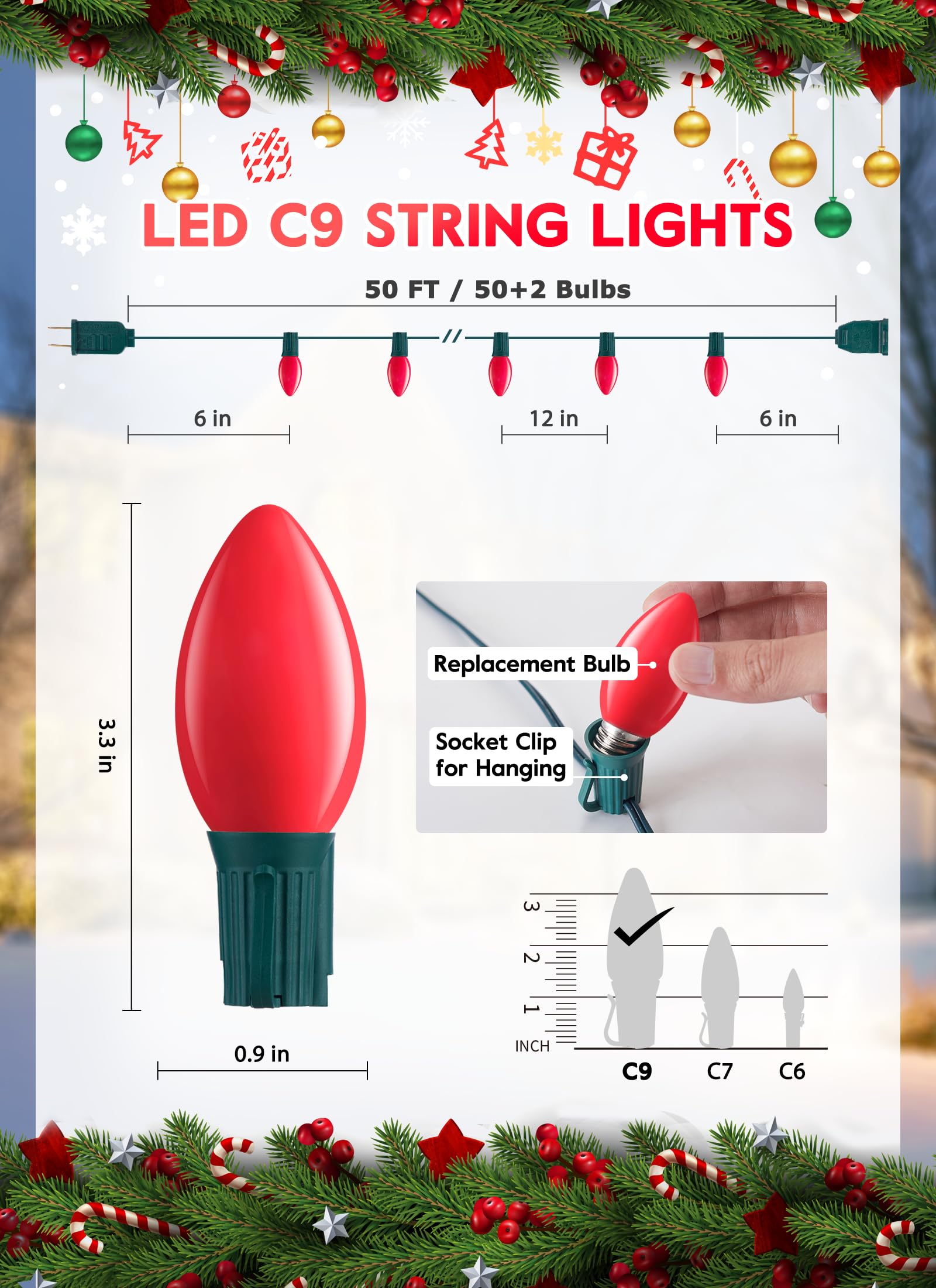 Minetom Vintage C9 LED Christmas Lights, 50FT Outdoor String Lights, 50 Shatterproof Bulbs, Waterproof, Red, Model GYPI-O50LAU