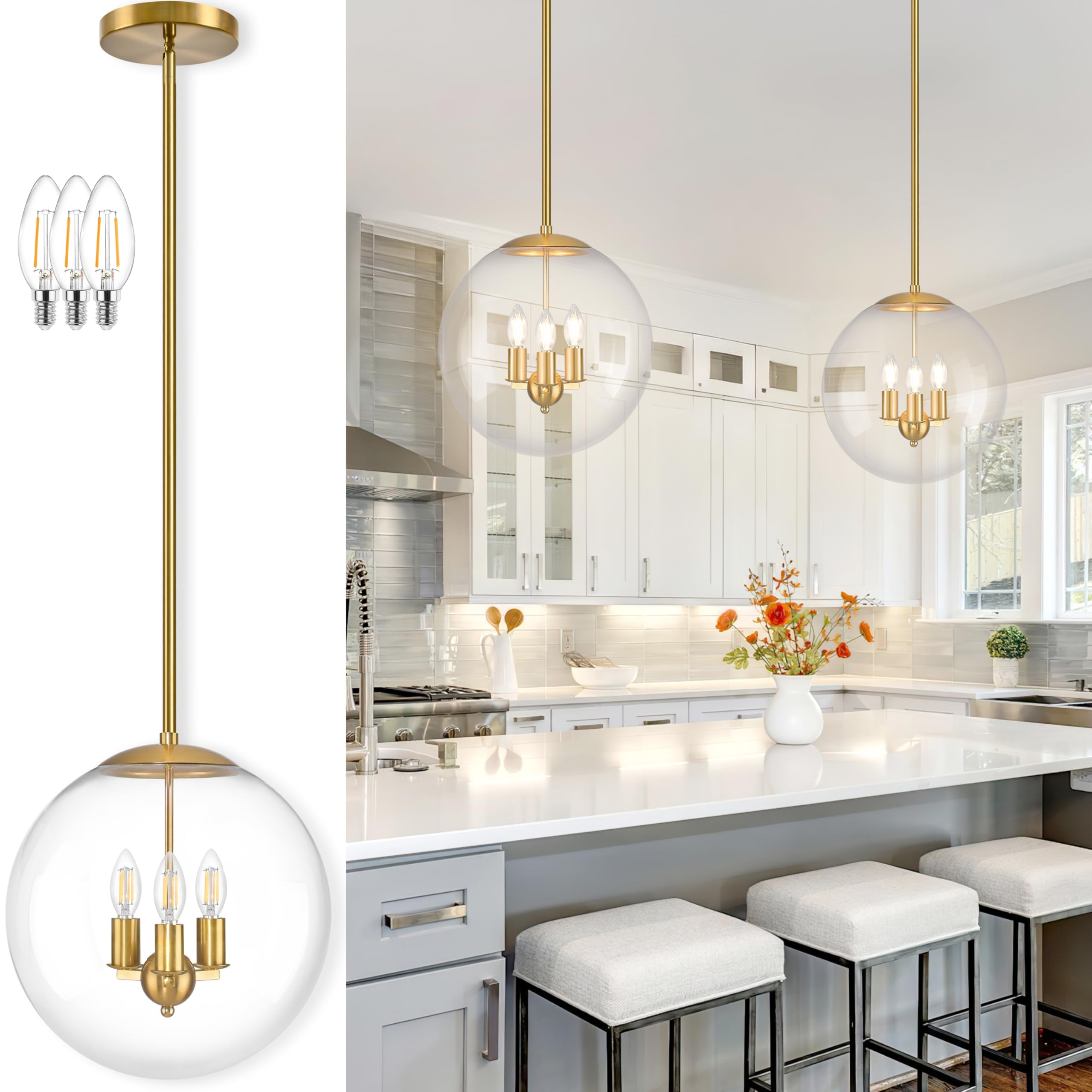 Bagood 14 Globe Pendant Light Contemporary Globe Pendant Lights Kitchen Island 3 Light Gold Mid Century Pendant Light Clear Glas