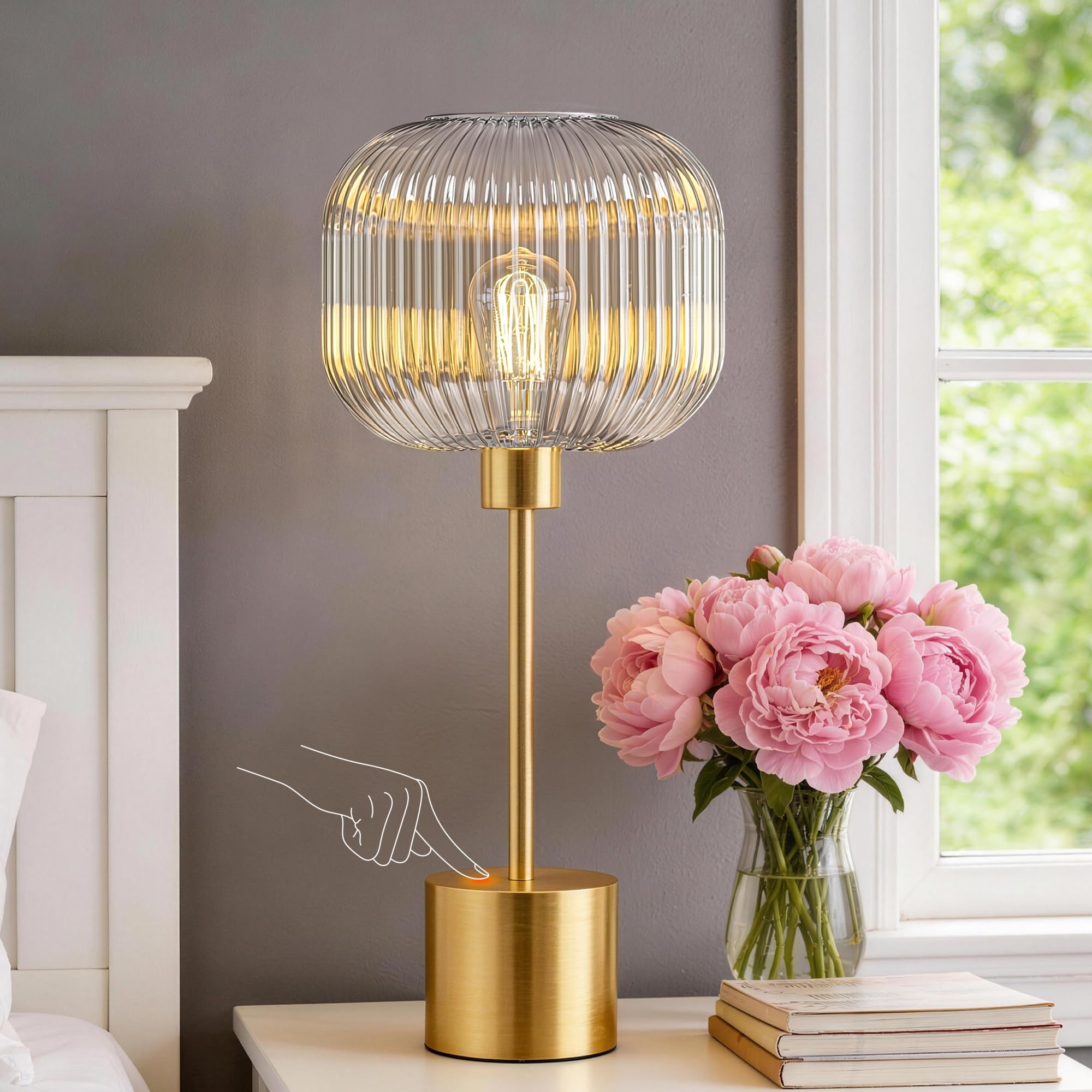 QiMH Glass Table Lamp for Living Room  Modern Bedside Lamp with Clear Ribbed Glass Shade  3-Way Dimmable Touch Control Nightstand Lamp for Bedroom  Brushed Gold (2700K LED Bulb Included)