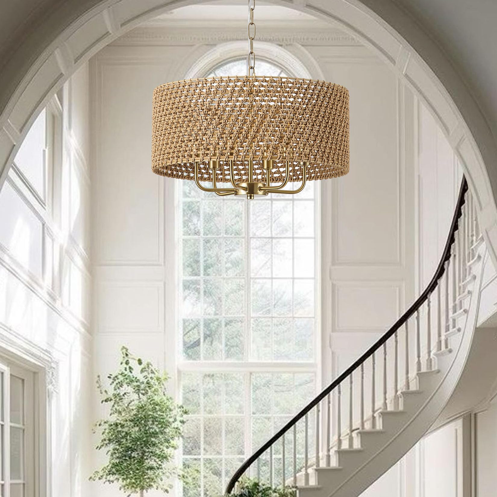 Giutna 20" Large Boho Rattan Chandelier, 6-Light Hand-Woven Pendant Light Fixture, Vintage Gold for Dining Room & Kitchen Island