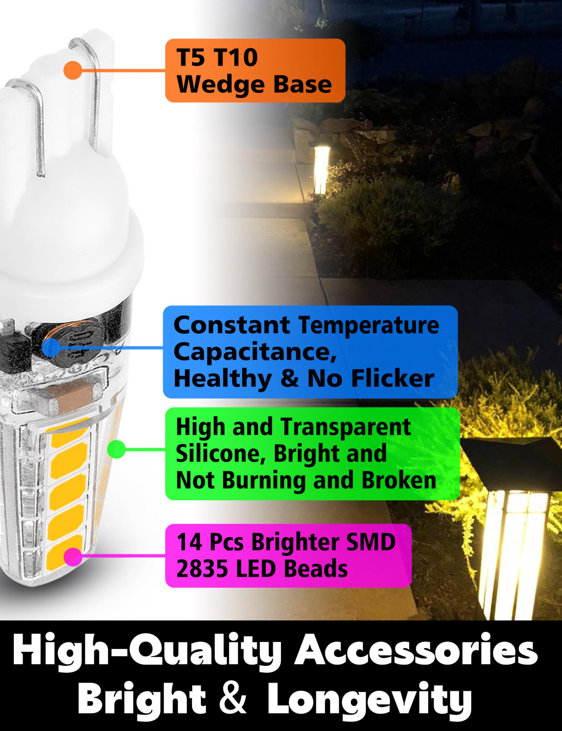 Xyanmc T5 T10 Wedge Base Led Landscape Bulbs 12V Low Voltage 2W 300Lm, Dc10-30V/Ac12-24V 2700K Warm White For Outdoor Landscape