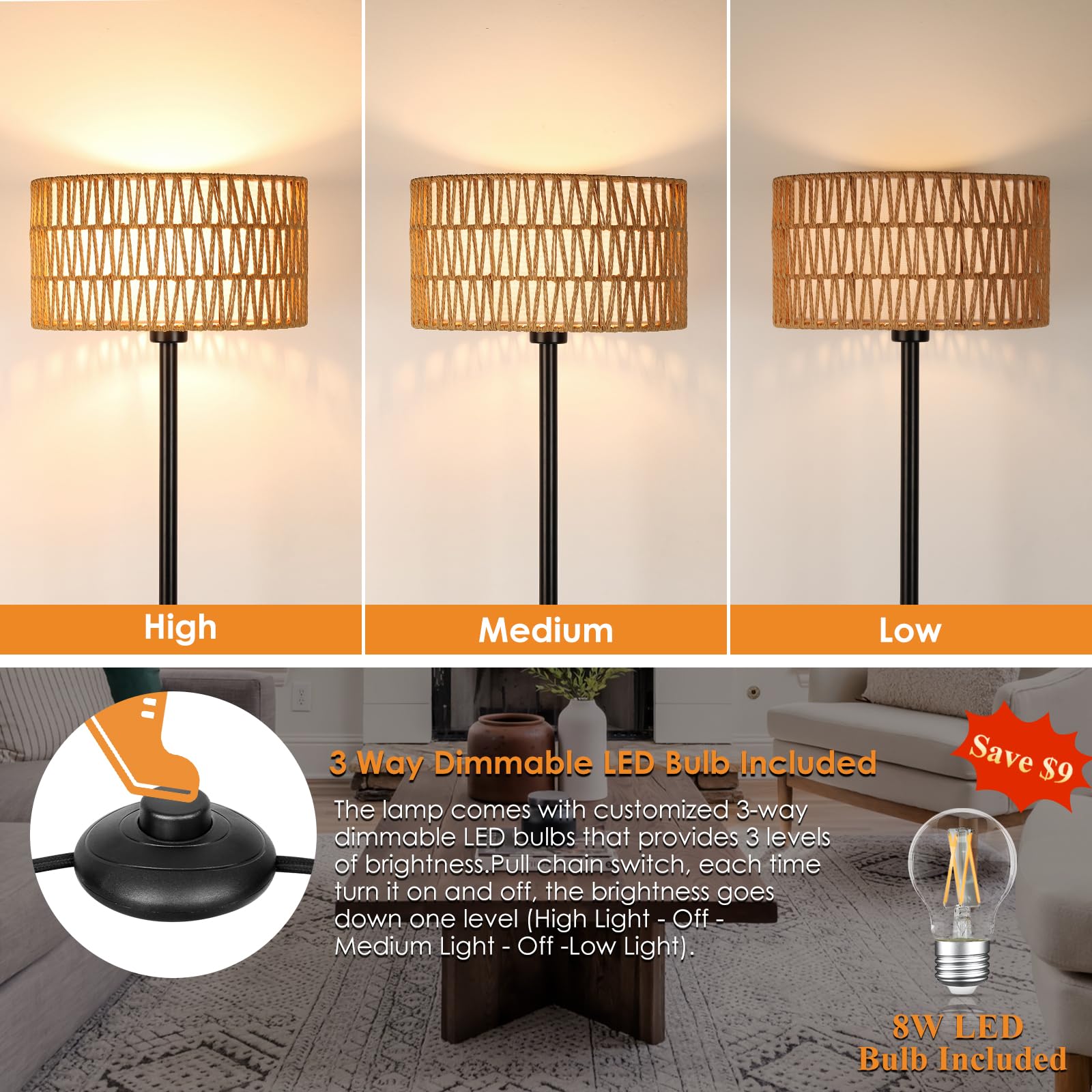 Qingmiao Rattan Floor Lamp - Black Metal, Led, Double Shades, Boho Rustic Design For Living Room