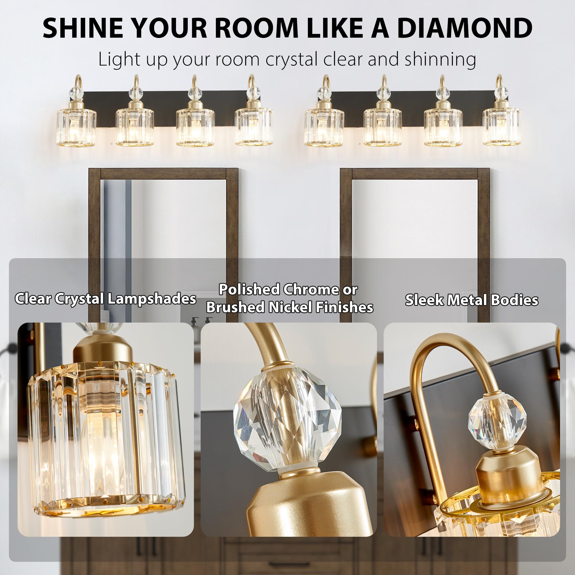 Diamondforge Bathroom Vanity Light Fixtures Over Mirror - Makeup Lighting Black Gold - For Modern Wall  Bath  Desk  Farmhouse  Hallway - 4 Crystal Lights