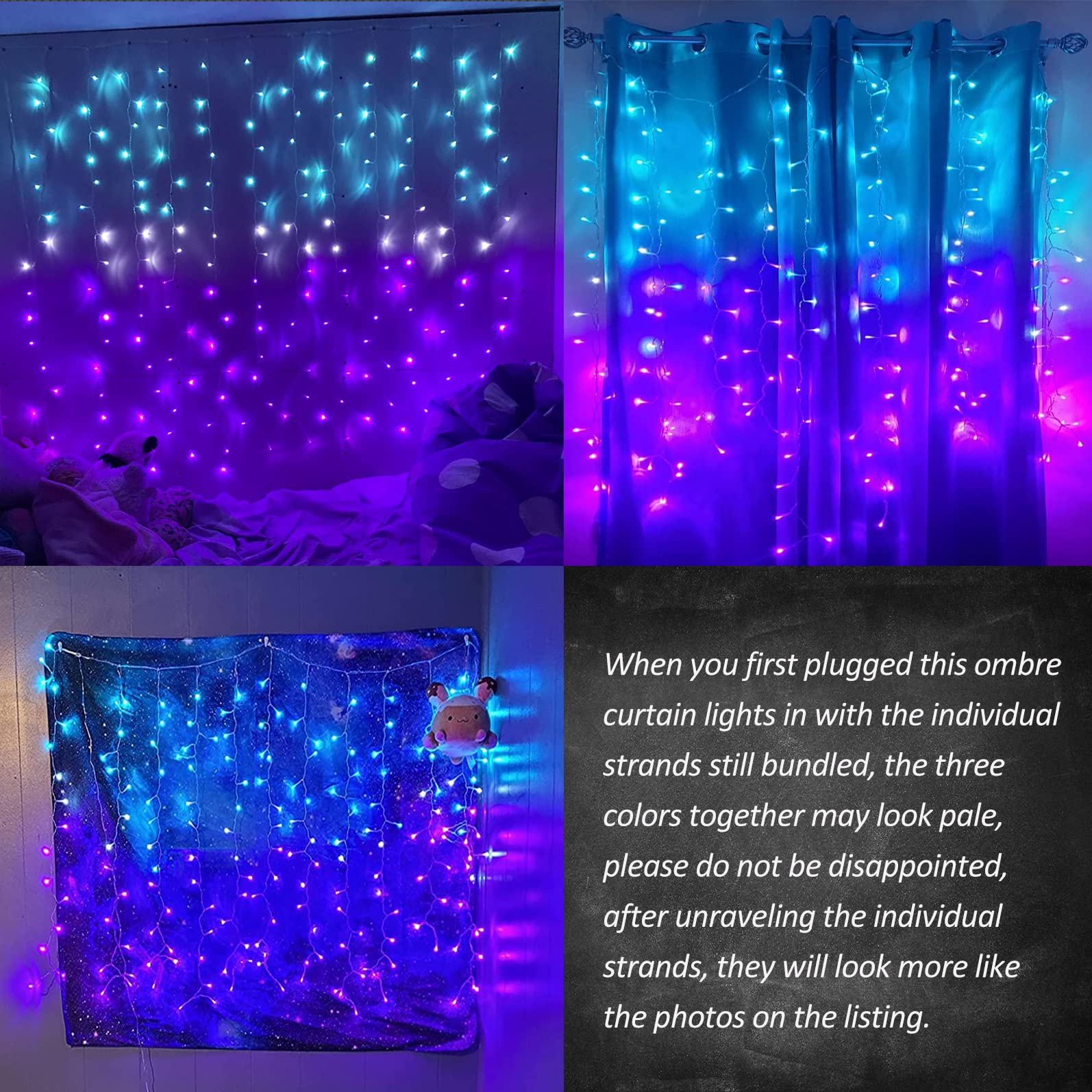 Curtain Lights For Bedroom Waterfall Led String Lights Purpleteal Ombre Hanging Fairy Mermaid Lights For Kids Teen Room Decor Window Wall Ocean Sea Decor Christmas Girls Gift (Turquoise & Purple)