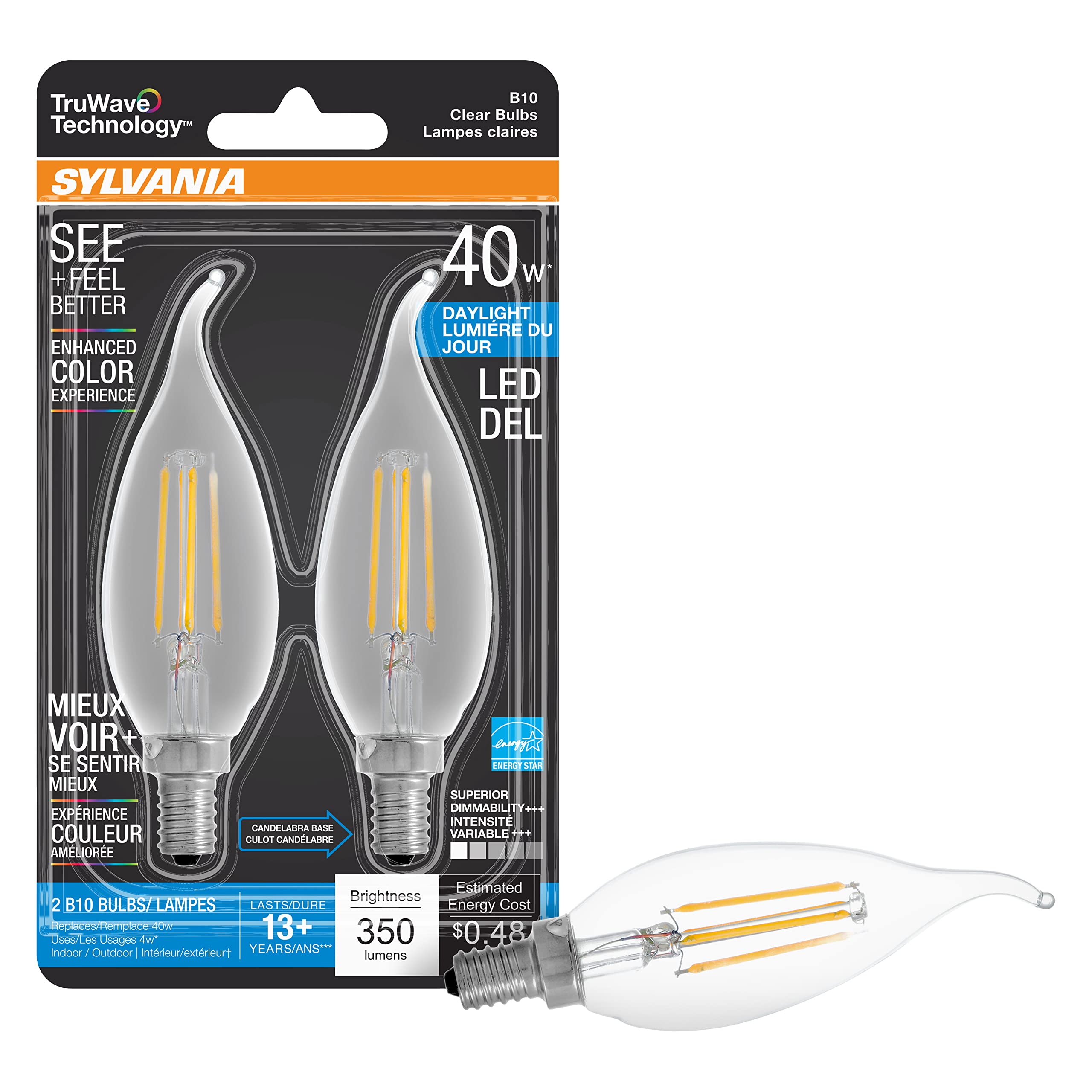 LEDVANCE SYLVANIA LED TruWave B10 Light Bulb, 40W Equivalent, Dimmable, 350 Lumens, Clear 5000K, Soft White, 2 Pack