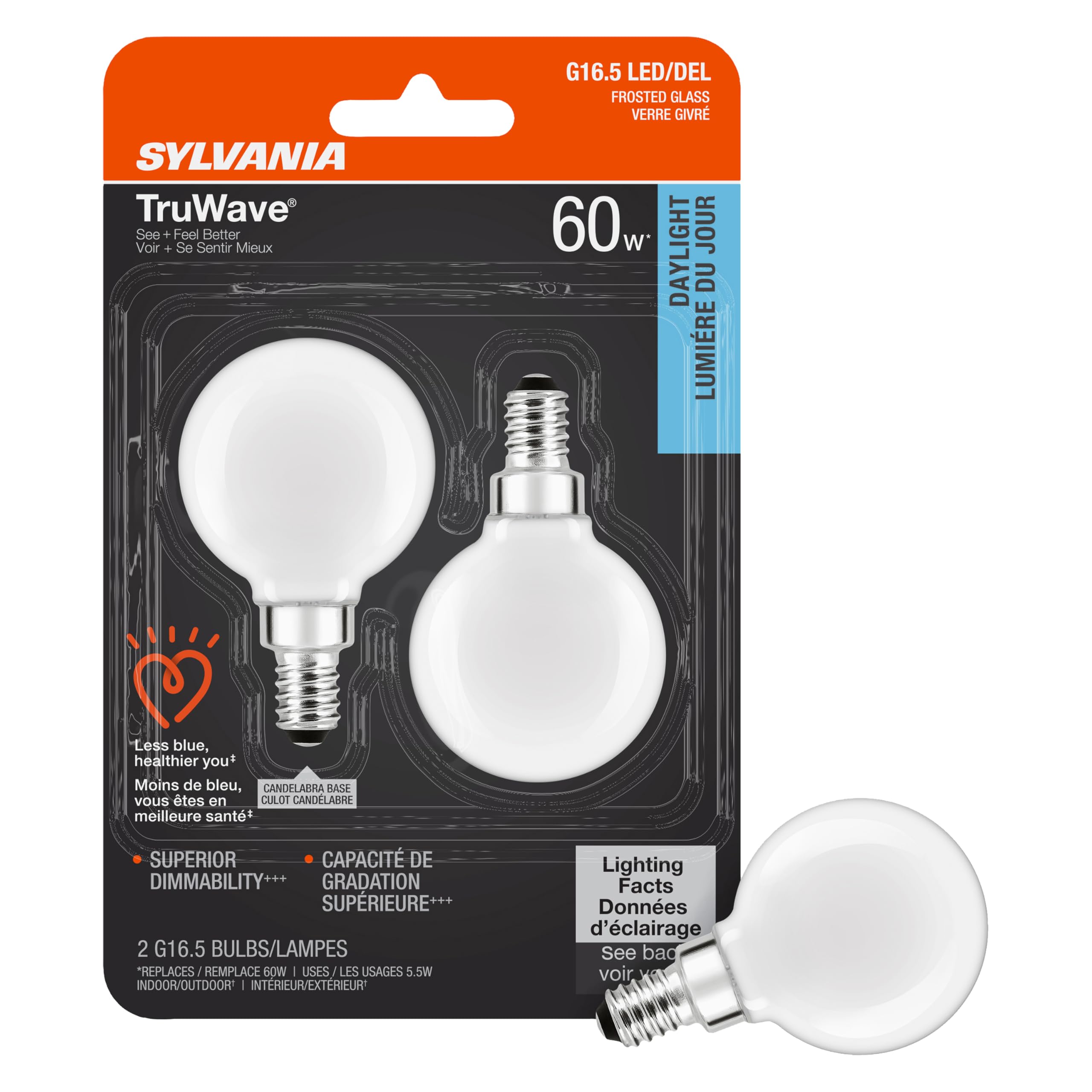 LEDVANCE Sylvania TruWave G16.5 LED Light Bulb, 60W Equivalent, Dimmable, Frosted, Daylight 5000K, 2 Count, Model