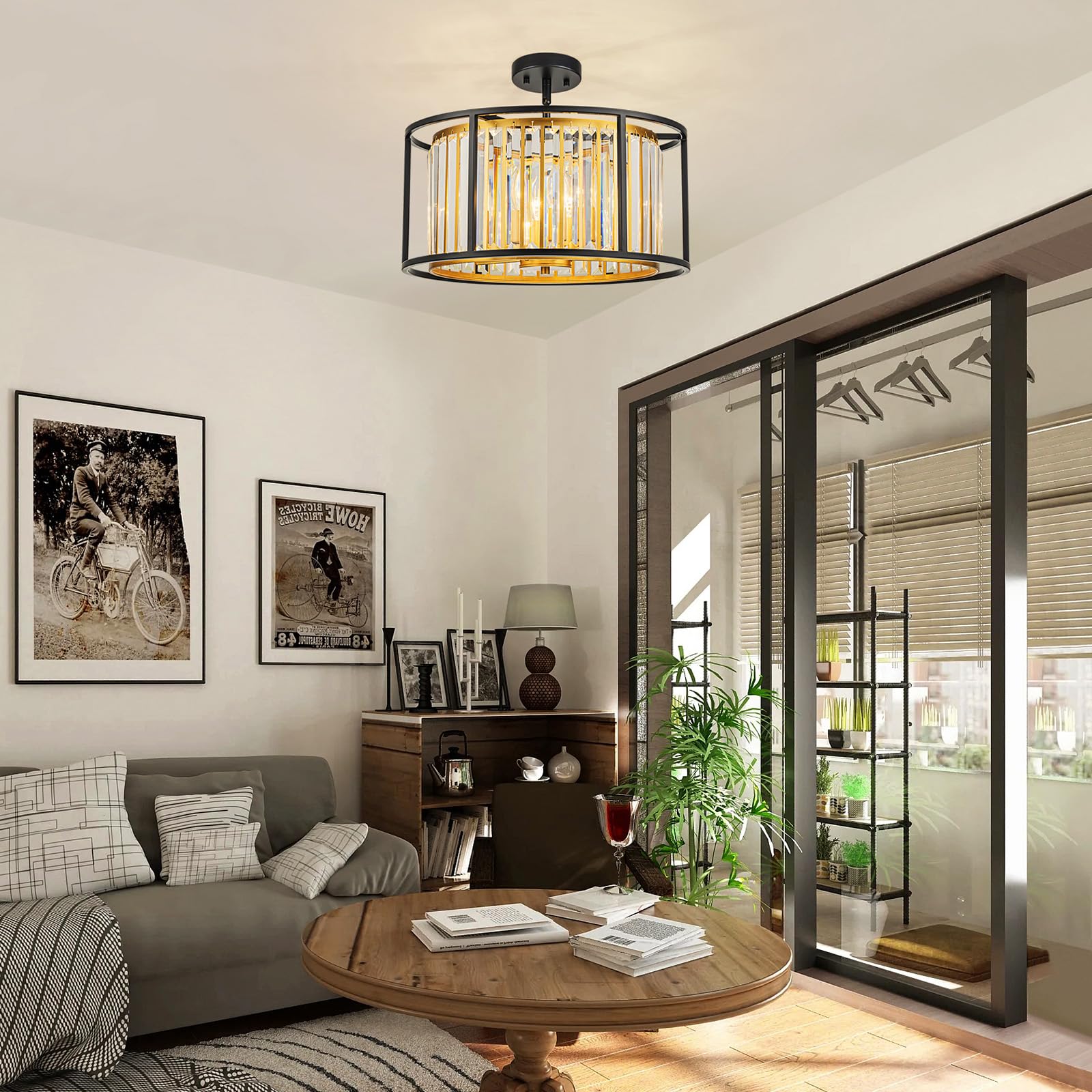 Lumfurn 5-Lights Crystal Drum Chandeliers, 2-Layer Modern Pendant Light Fixture For Dining Room, Living Room, Bedroom, Adjustabl