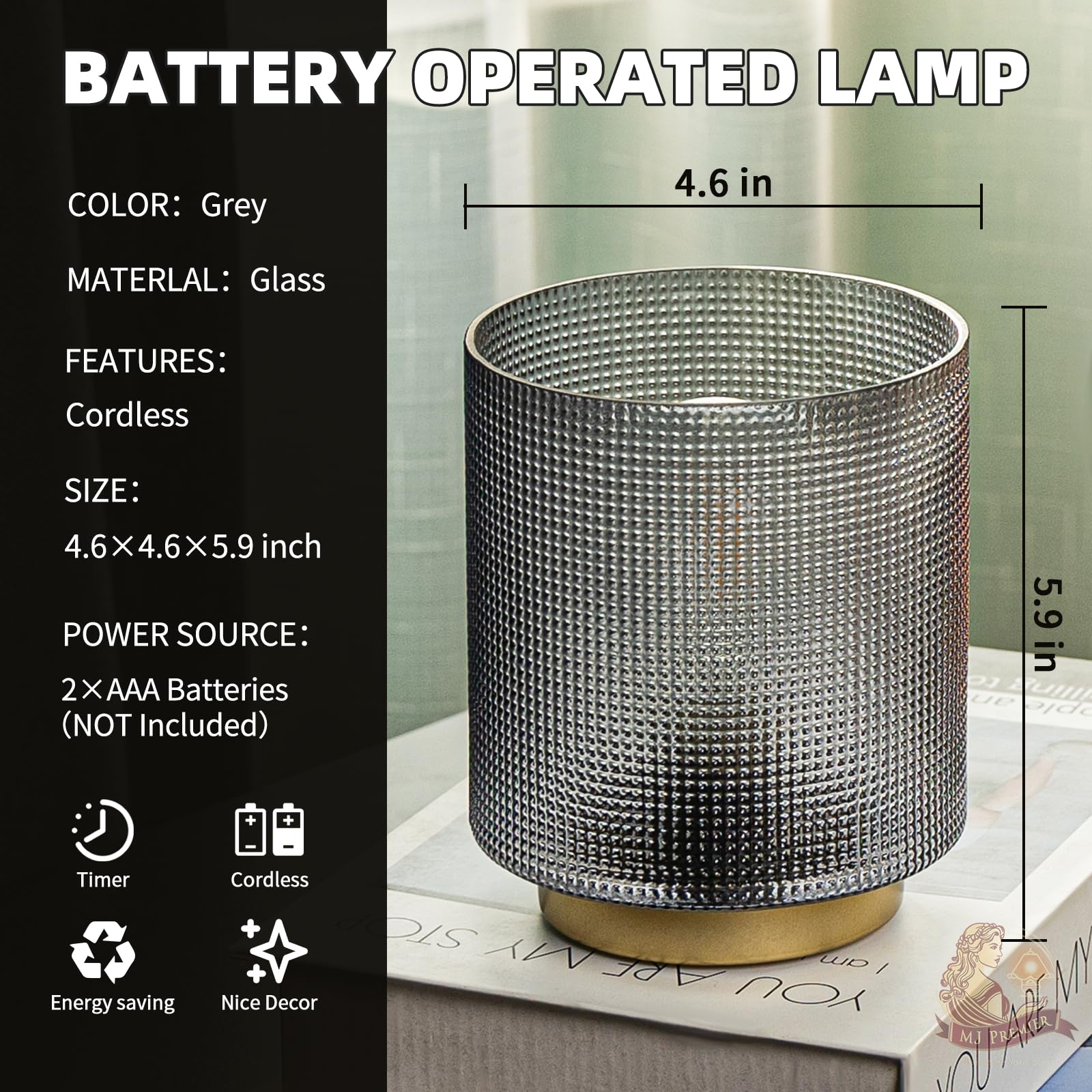 Mj Premier Battery Operated Lamp With Timer, Glass Cordless Lamp For Power Outage, Decorative Small Battery Powered Lamps For Be