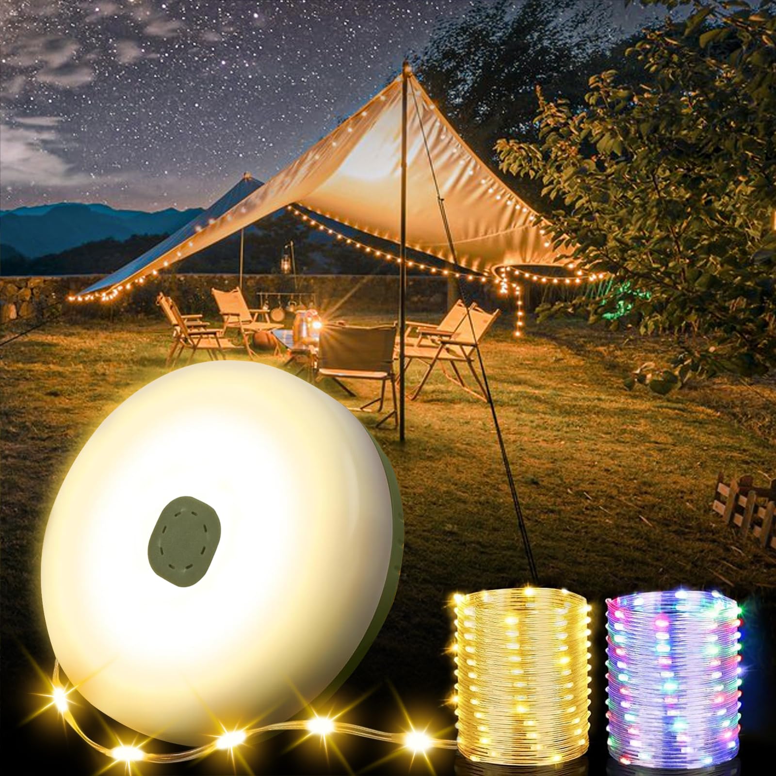 TuoPuLife Camping String Lights, 32.8FT, 130LEDs, Waterproof, Warm White + RGB, Model Campinglight004