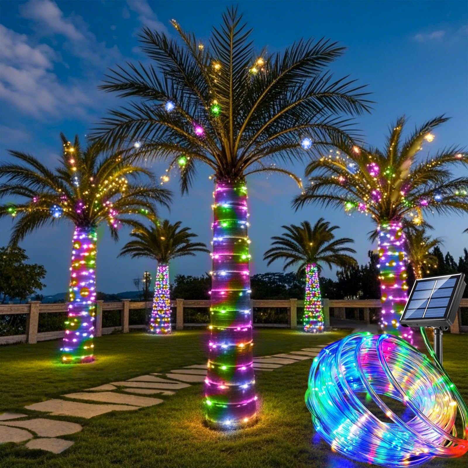 Honche Solar Rope Light 33FT 100L Waterproof LED Fairy Lights Multi Color for Outdoor Party Garden Wedding Holiday Decoration