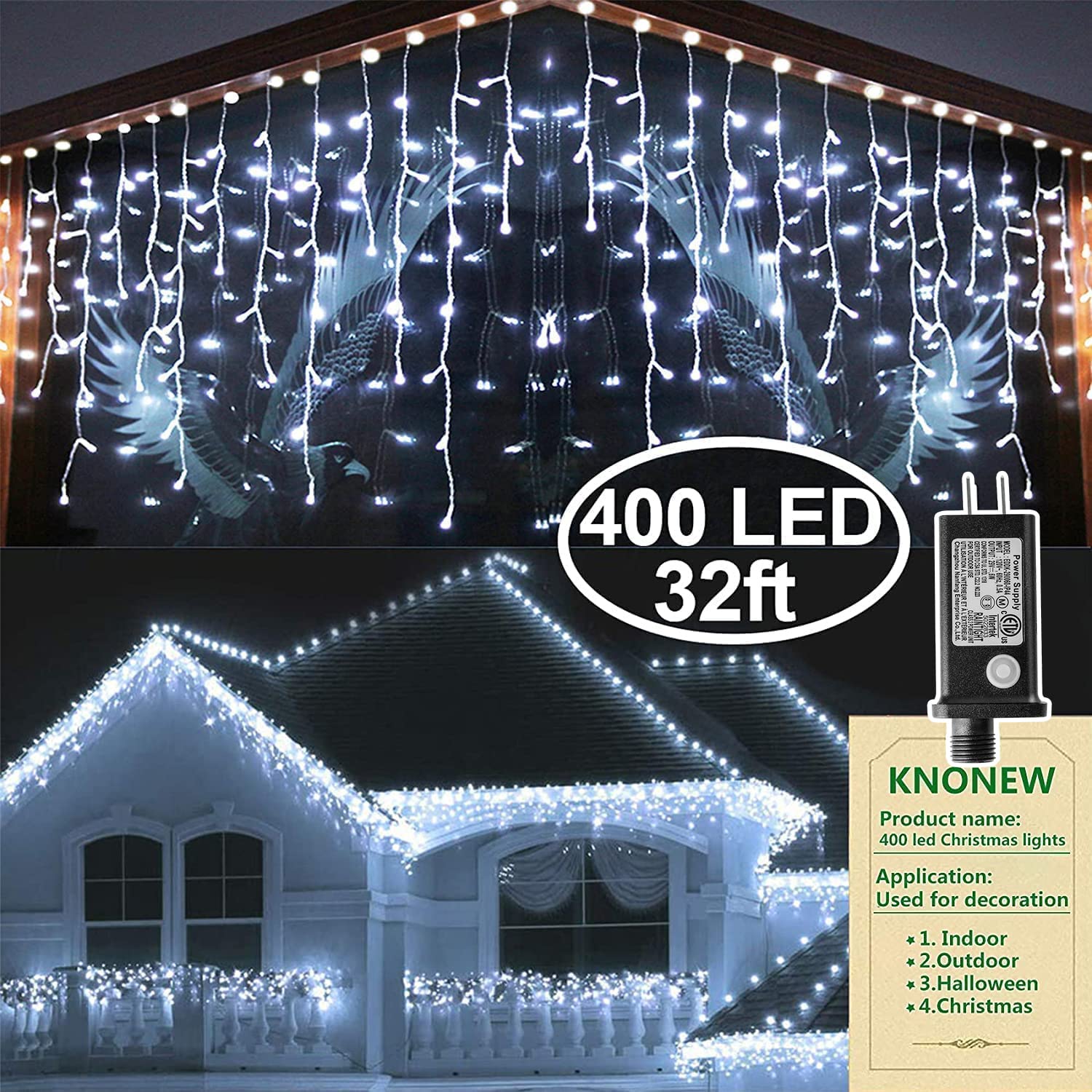 KNONEW 400 LED Curtain Fairy String Lights, 33ft, Cool White, 8 Modes, Clear Wire, Wedding/Party/Christmas Decorations
