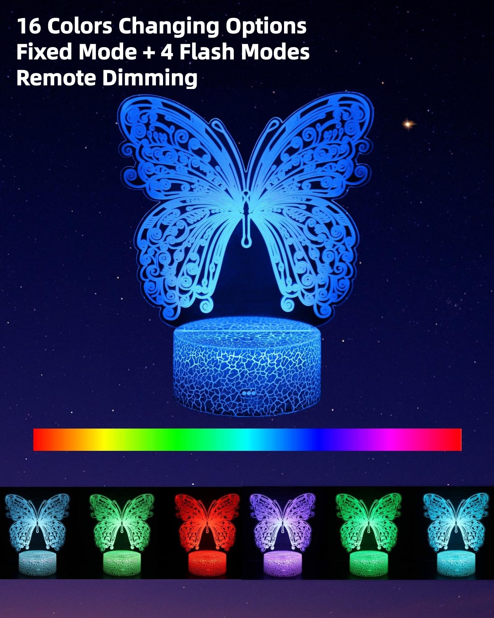 Kenmaca Butterfly Night Light for Girls Bedroom, 3D Illusion Lamp, 3 Patterns 16 Colors Changing Dimmable Room Decor, Smart Touc