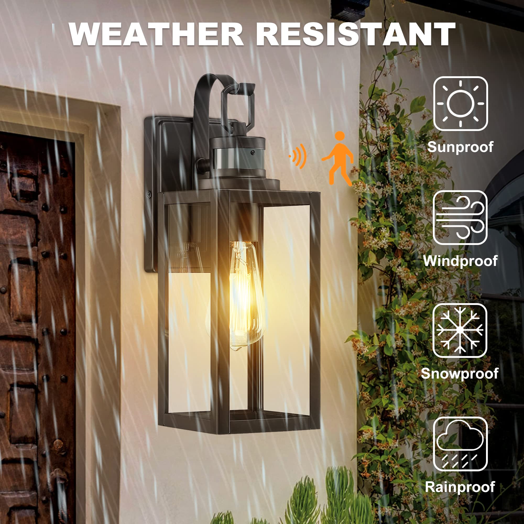 Pia Ricco Motion Sensor Outdoor Wall Lantern, Dusk To Dawn Wall Lighting Sconce, Modern Matte Black Exterior Light Fixture, Wate