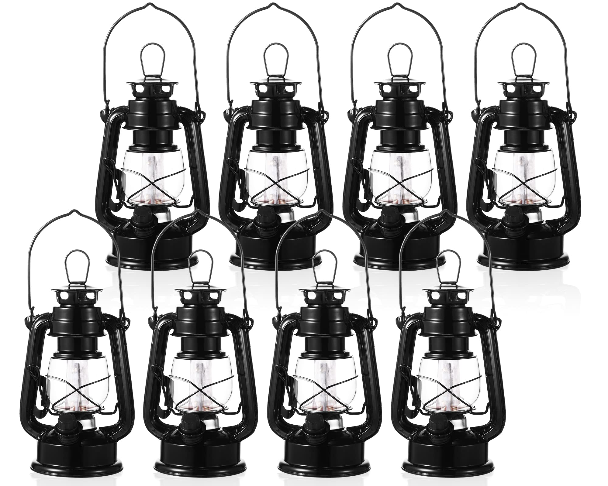 Hortsun 8 Pcs 8 Inch Vintage LED Hurricane Lantern Metal Black Outdoor Battery Operated Hanging Lantern with Warm LEDs and Dimme
