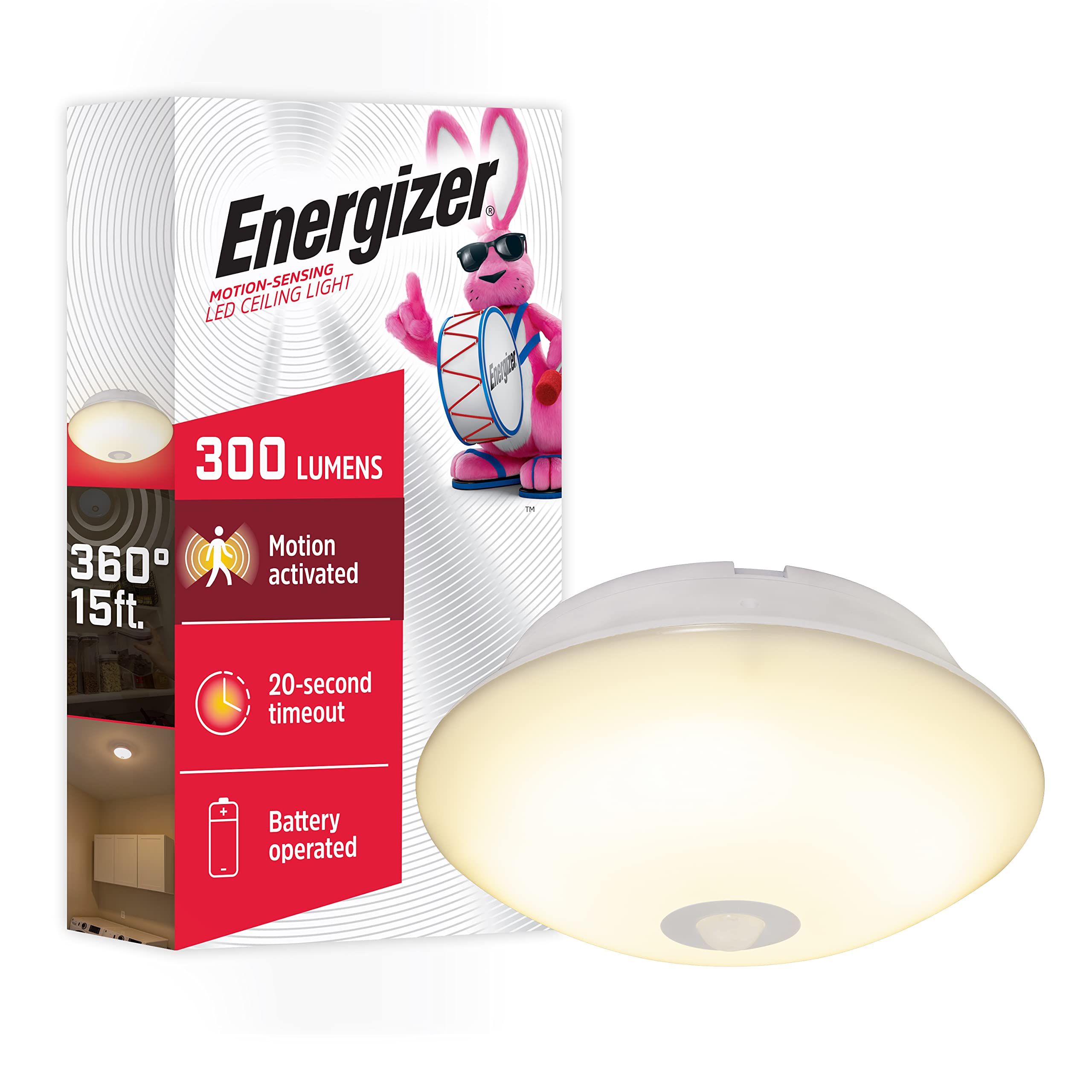 Energizer Motion-Activated LED Ceiling Light, Battery Operated, 300 Lumens, No Wiring Needed, 15ft. Motion Sensing, Great for La