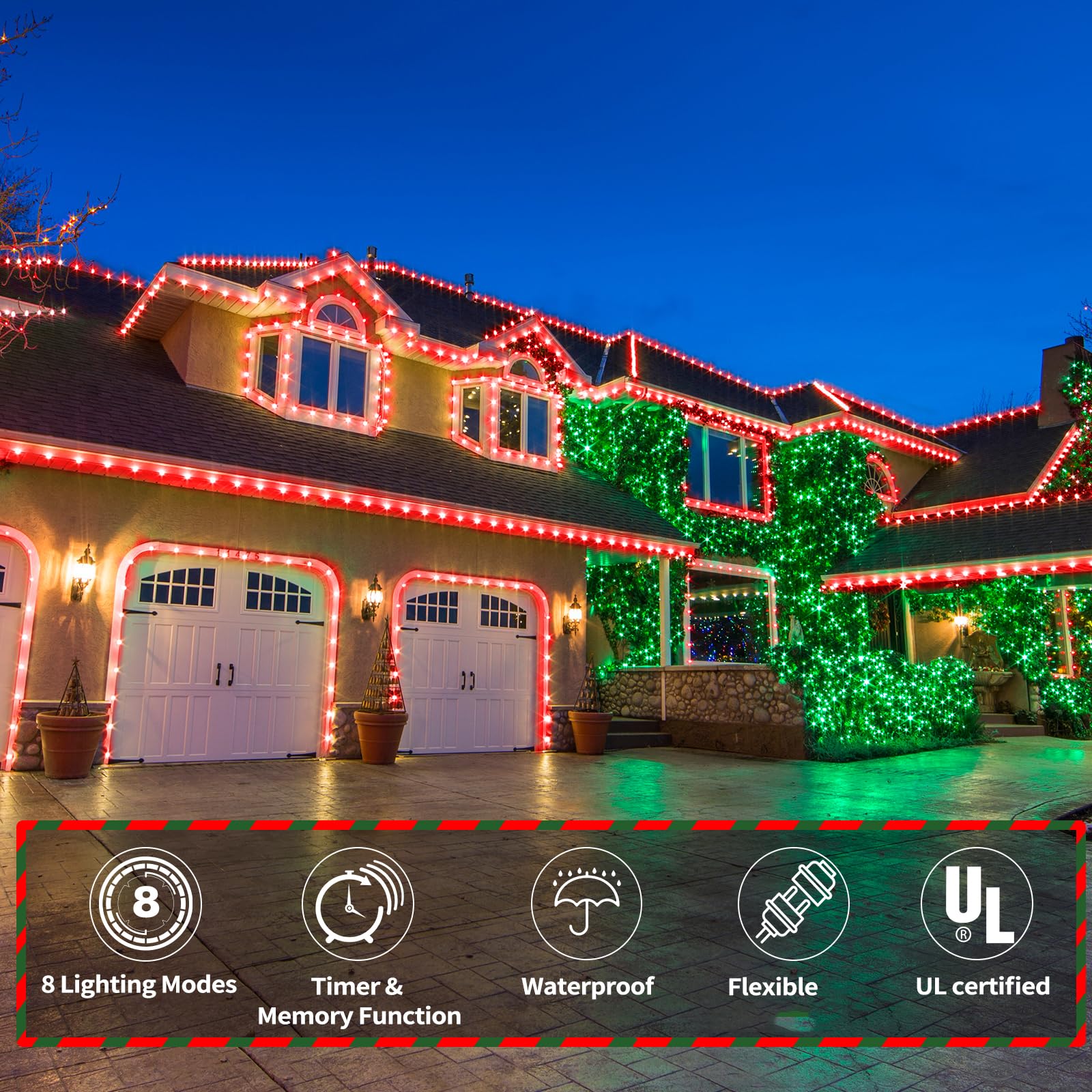 Jnaurb 200ft LED Rope Lights, Waterproof PVC Tube, 1440 LEDs, 8 Modes, Red & Green, Connectable for Indoor/Outdoor Decor