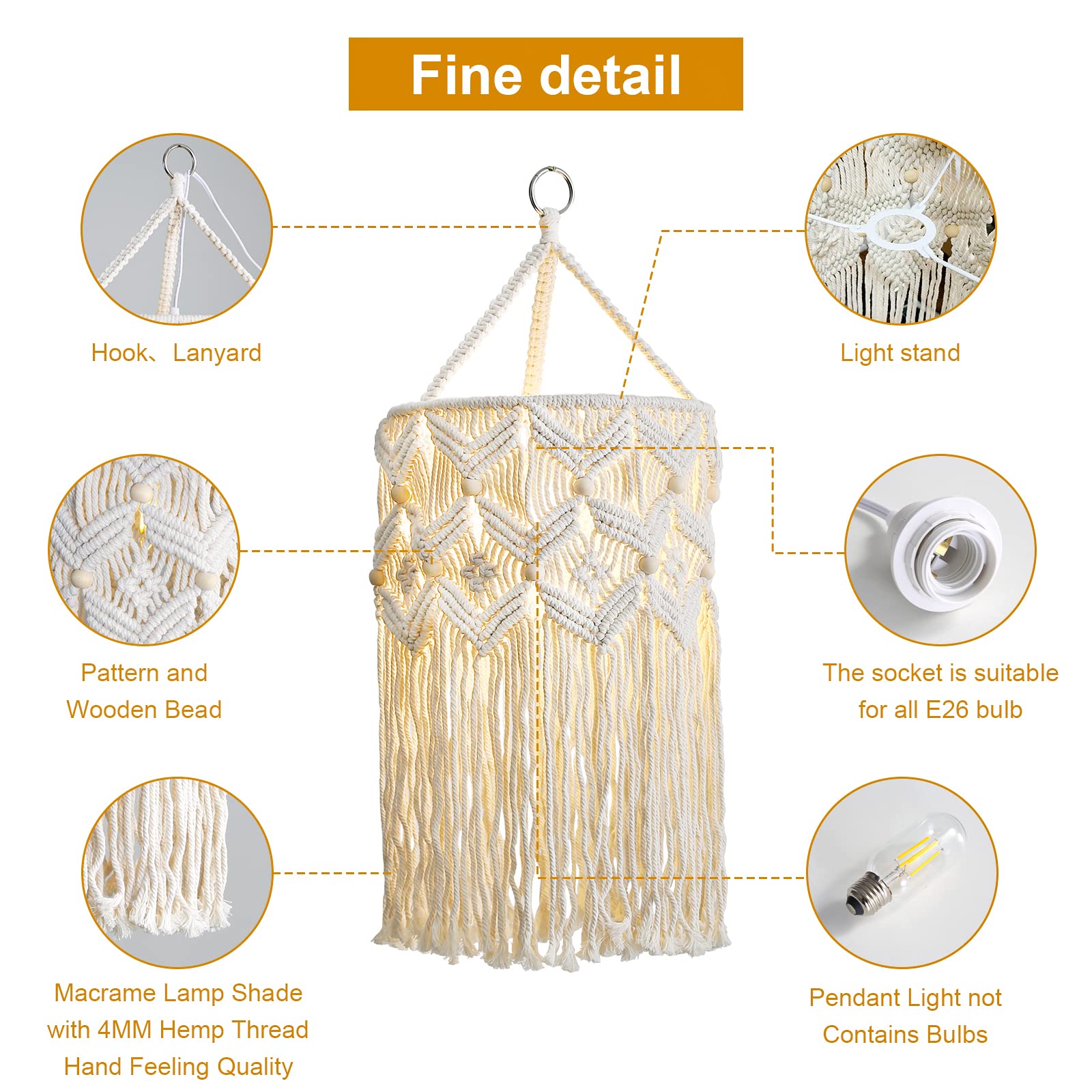 Bioaqua Macrame Pendant Light Shade, Handmade Cotton Lamp Shade, Type 2, Boho Hanging Light for Living Room/Bedroom