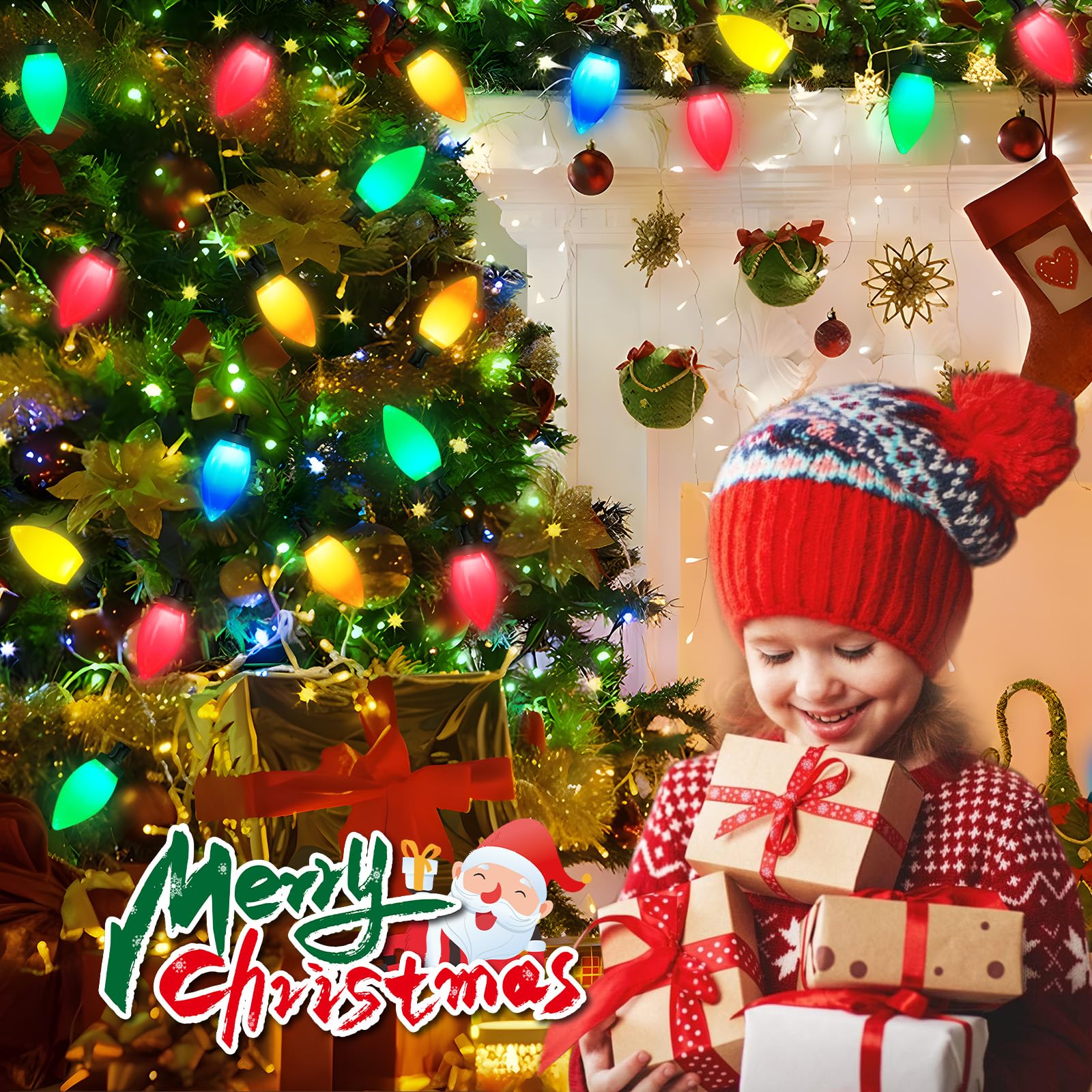 50 Led C9 Christmas Lights,26.5Ft C9 Christmas Lights Battery Operated C9 Christmas String Lights Timer 8 Lighting Modes For Indoor Outdoor Xmas Tree Garden Patio Party Christmas Decorations