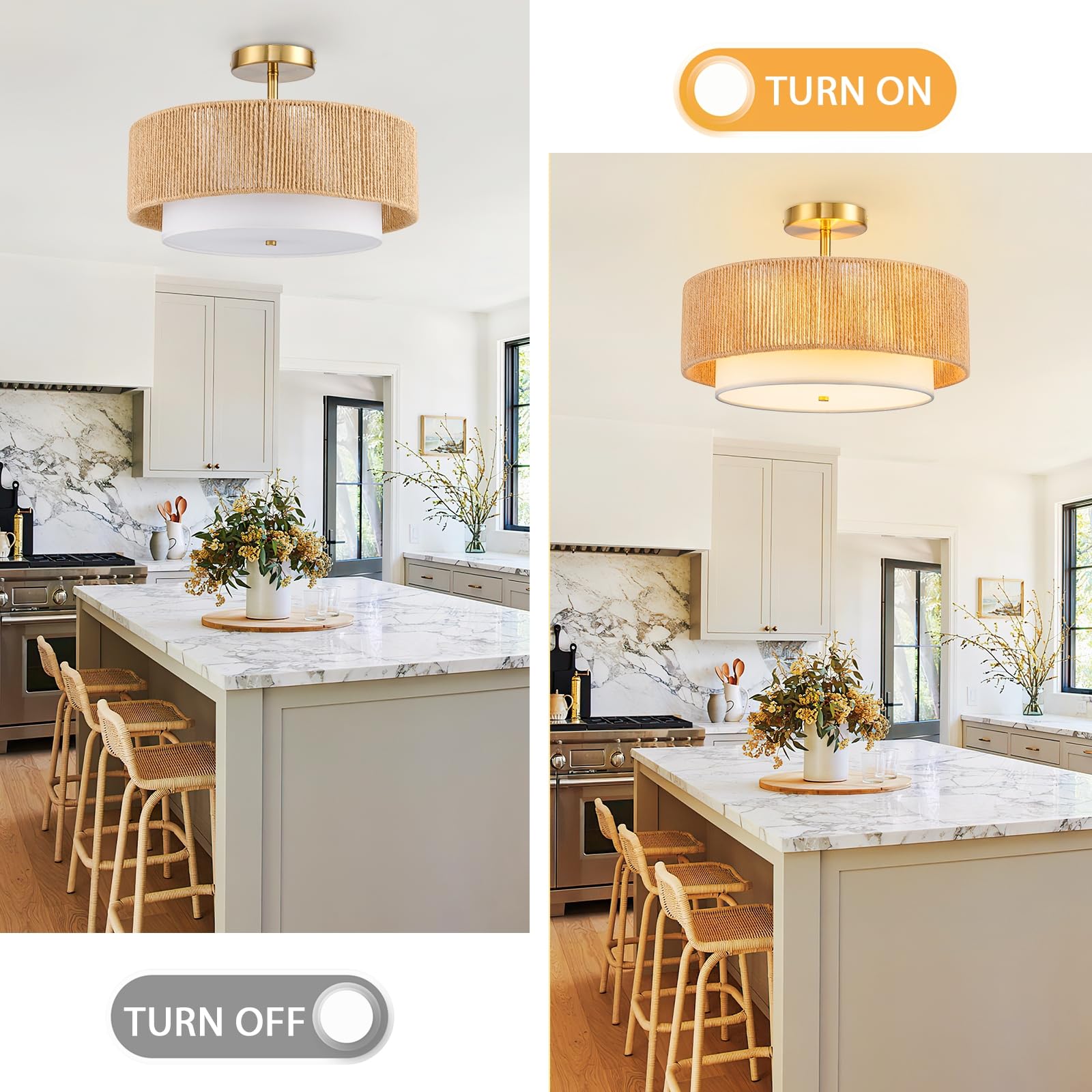 SineRise Rattan Flush Mount Ceiling Light Fixture, 16in  Large, Gold, Boho Design, 2-Tier Drum for Living Room, Kitchen, Bedroom