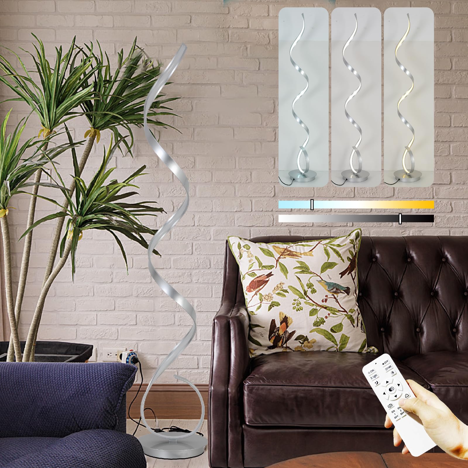 Vlaikez 57 Modern Silver Floor Lamp,Simple Desin Shape Lamp,3 Color Light,Foot Step Switch Spriral,Floor Light with Remote for L