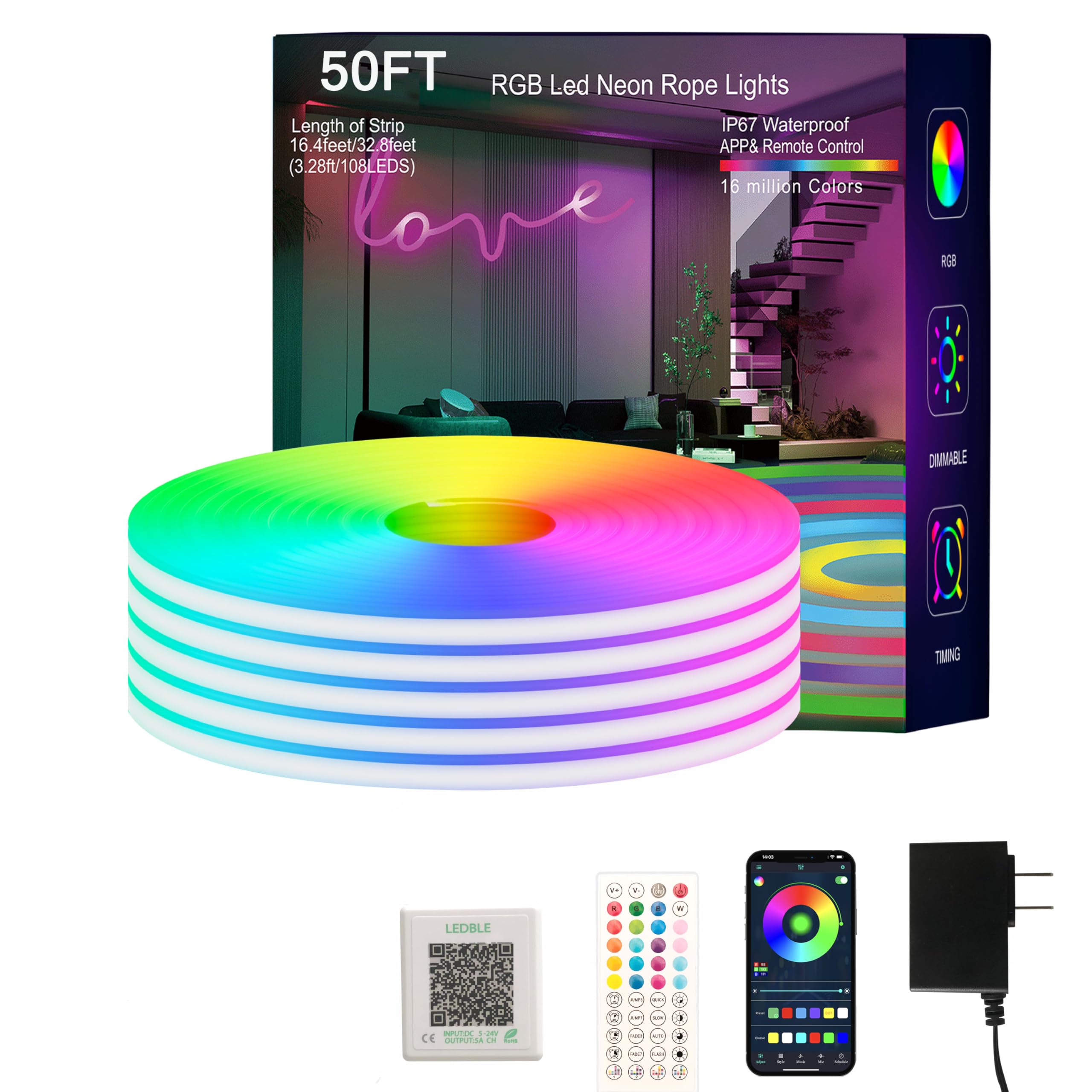 SILFU Neon Rope Lights, 50FT RGB Led Strip, Waterproof IP67, DIY Design, Music Sync, 44 Keys Remote Control, Multiple Modes, for Living Room, Bedroom, Holiday Decoration