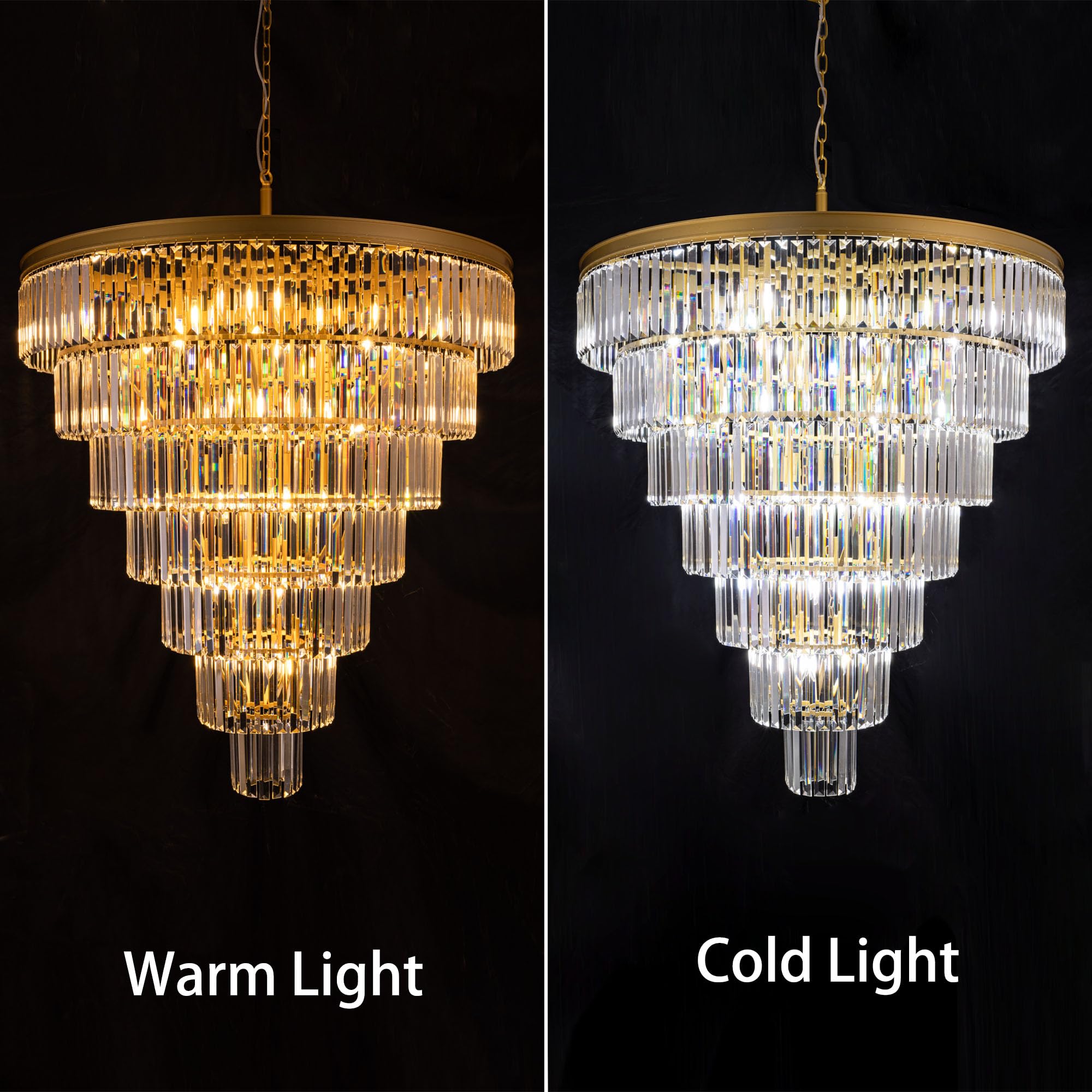 TOCHIC 40-Inch Gold Crystal Chandelier, 7-Tier K9 Raindrop Light Fixture for High Ceiling Entryway, Staircase, Living Room, Dining Room