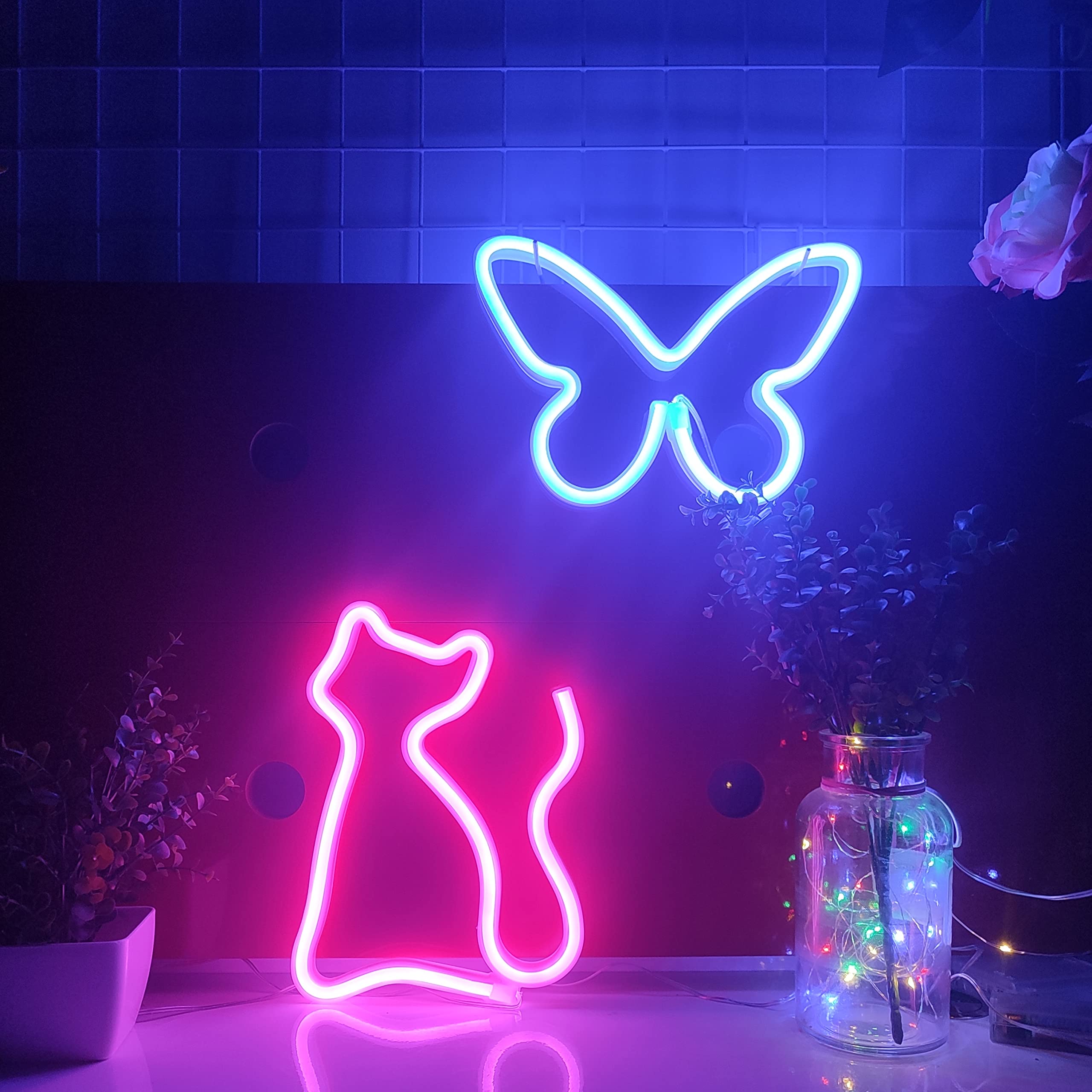 JYWJ Cat Neon Sign LED Light - USB/Battery Powered Table Decor, Pink, Model JJ-NEON-F1