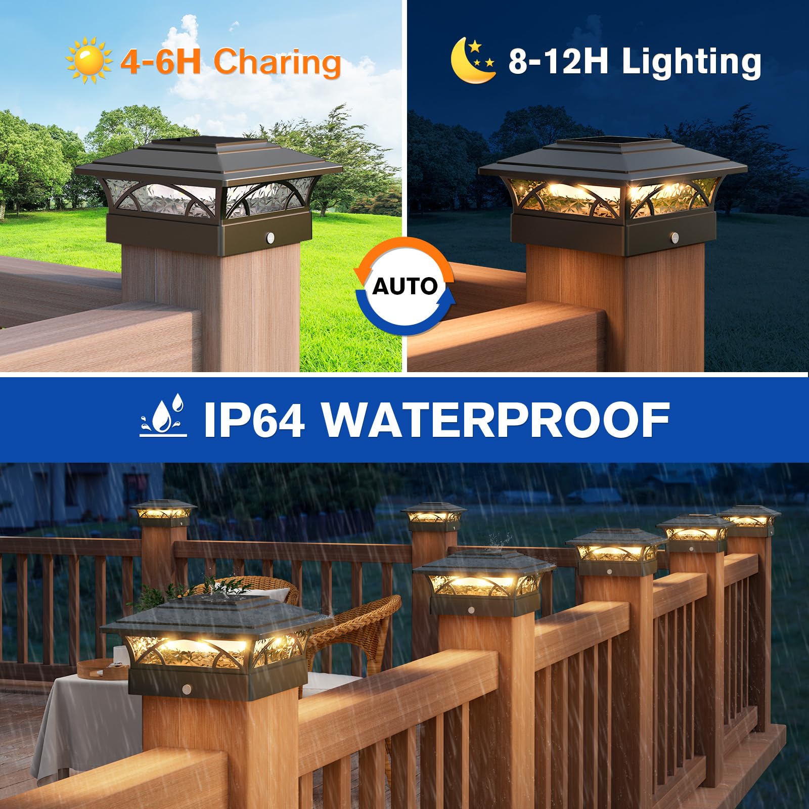 APONUO Solar Post Cap Lights, 2-Mode Waterproof Outdoor Lights, Black, 6 Pack, for 4x4, 5x5, 6x6 Posts, Easy Install
